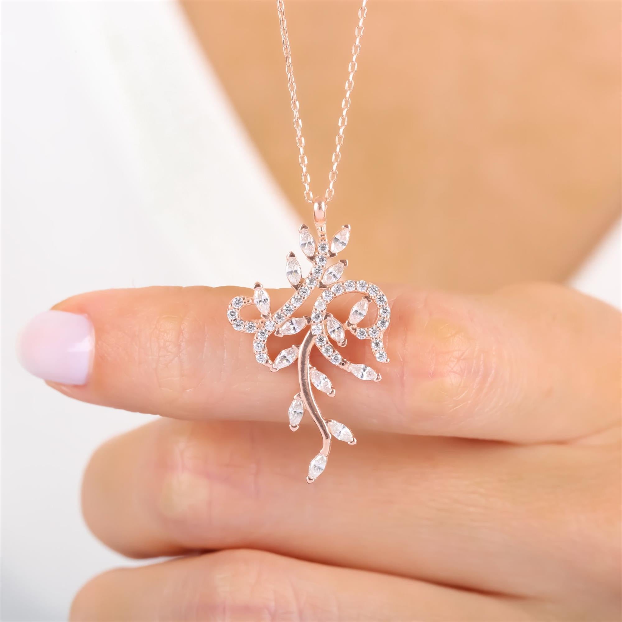 Rose gold plated floral vine pendant necklace with CZ leaf accents – feminine sterling silver nature-inspired jewelry
