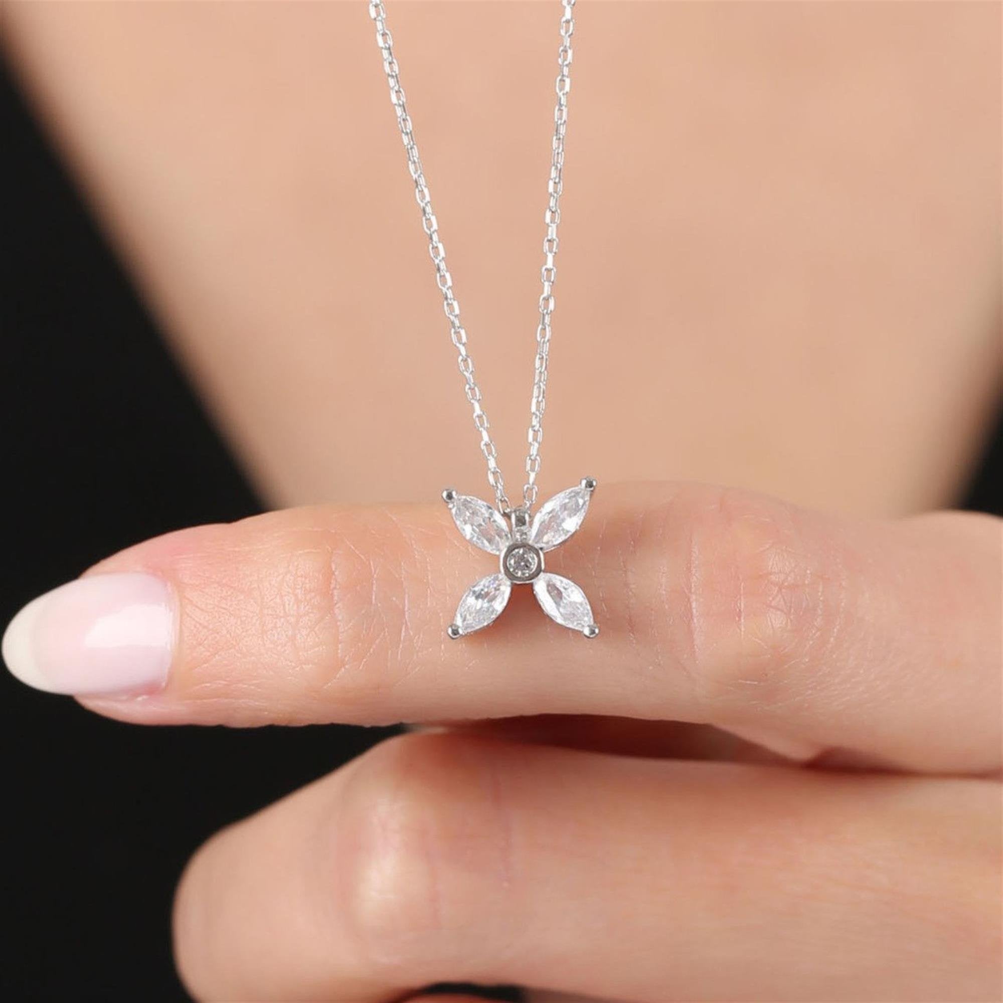 Diamond Marquise Sparkle Flower Silver Necklace