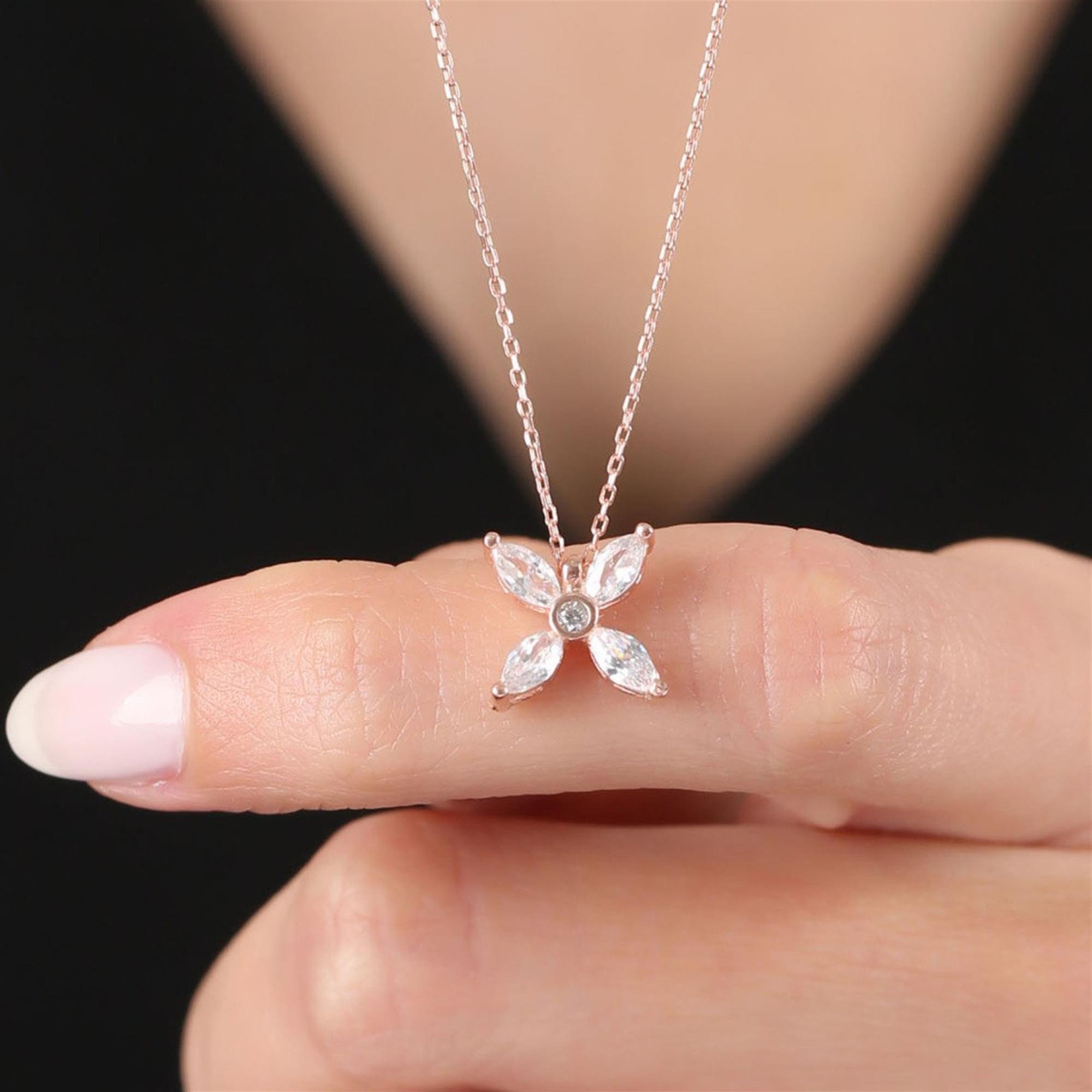 Diamond Marquise Sparkle Flower Rose Gold Necklace