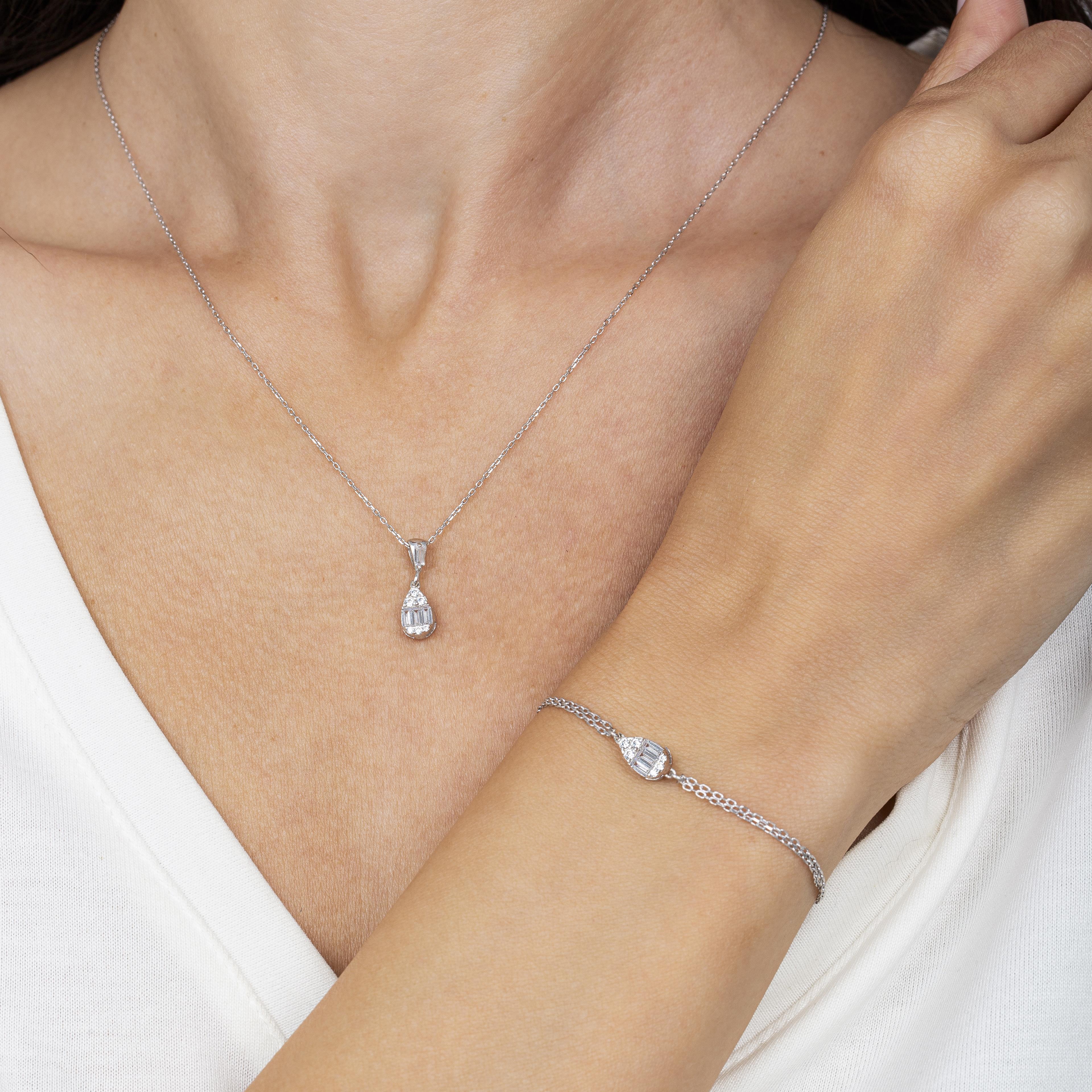 Diamond Setting Minimal Drop Baguette Silver Duo Set