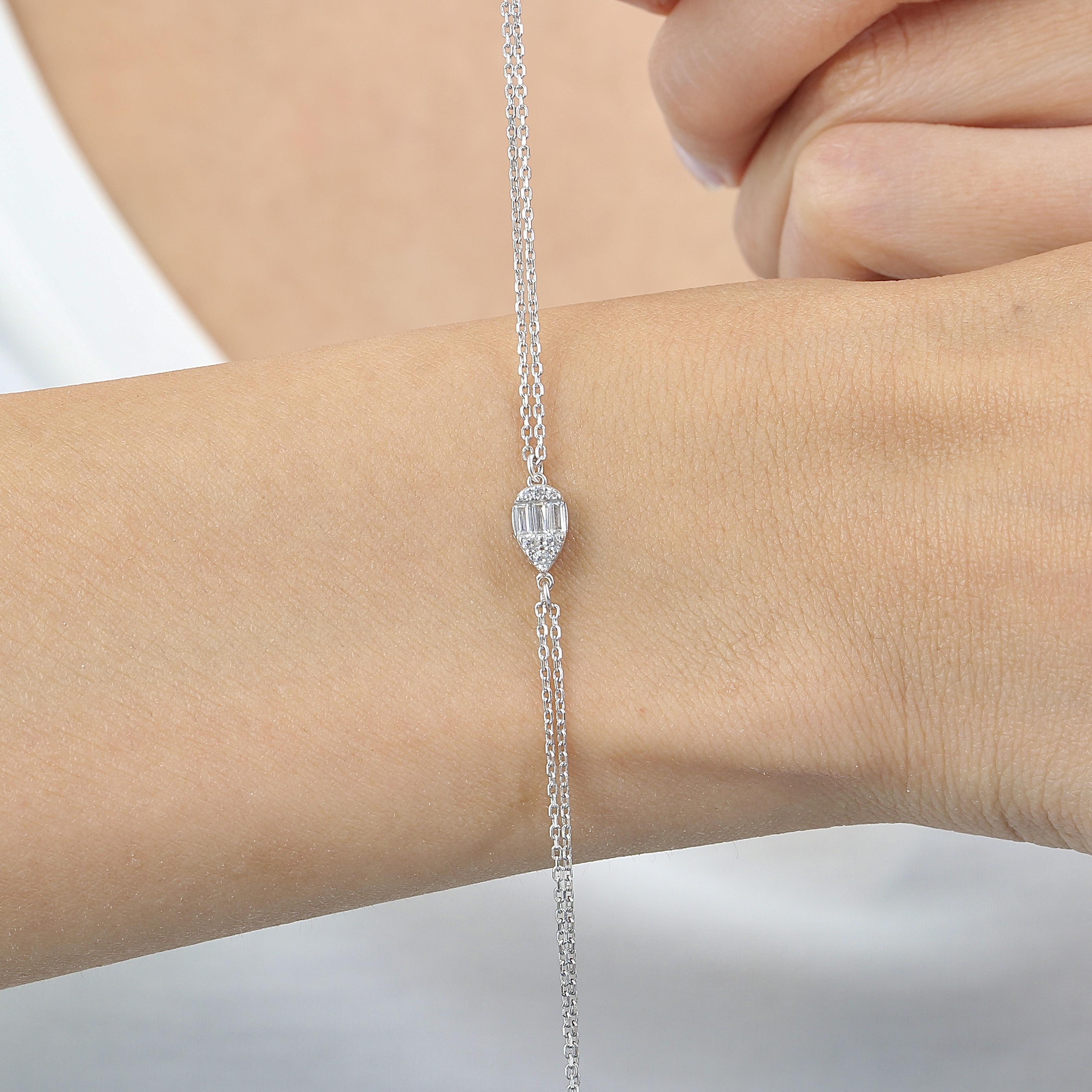 Diamond Setting Minimal Teardrop Baguette Silver Bracelet