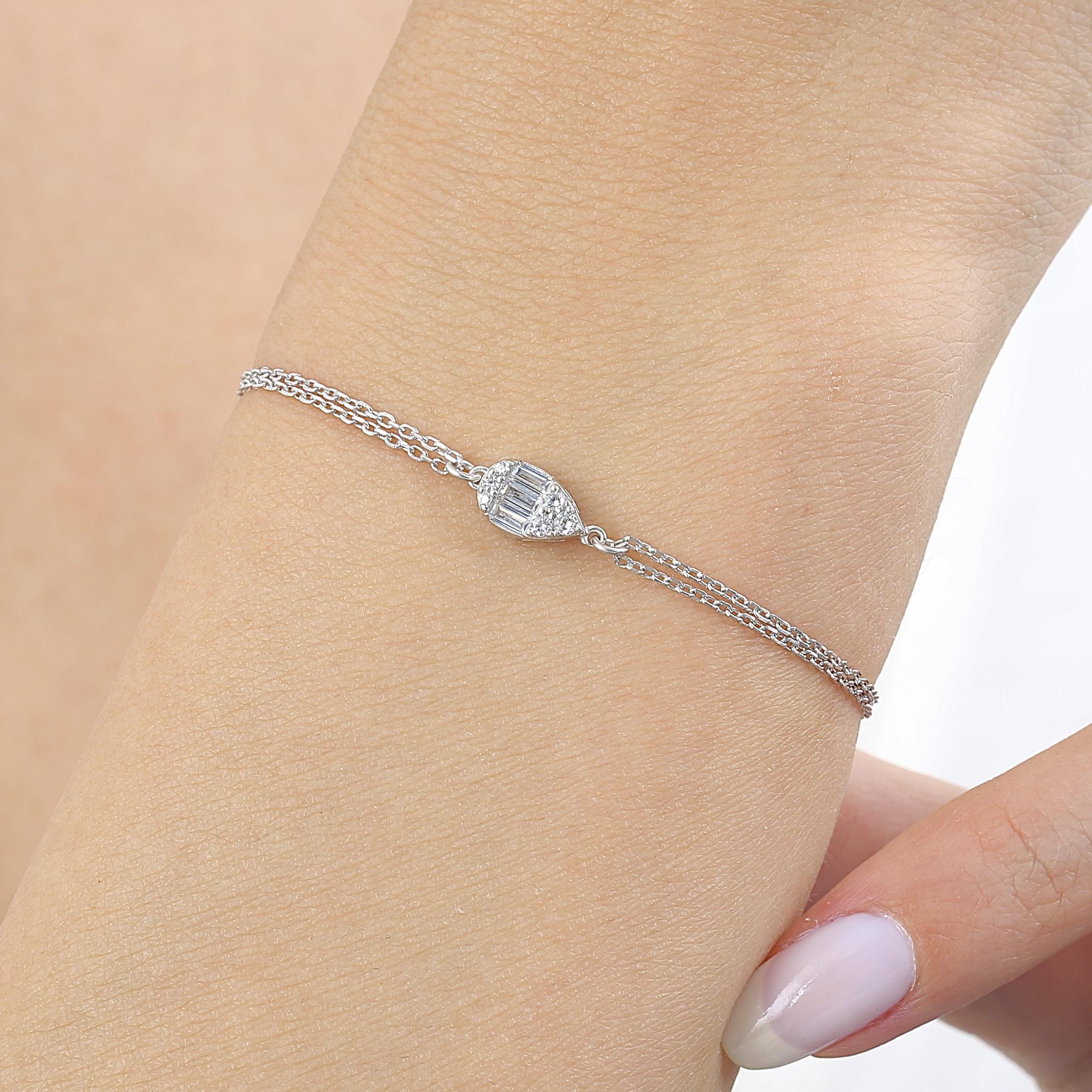 Diamond Setting Minimal Teardrop Baguette Silver Bracelet