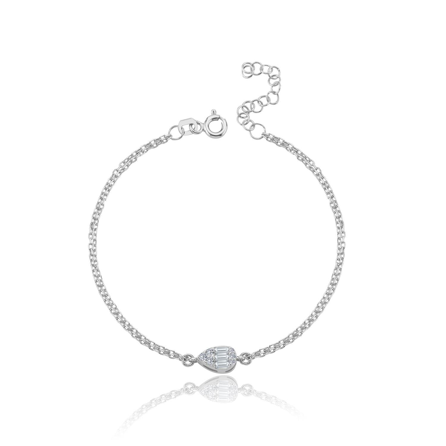 Diamond Setting Minimal Teardrop Baguette Silver Bracelet