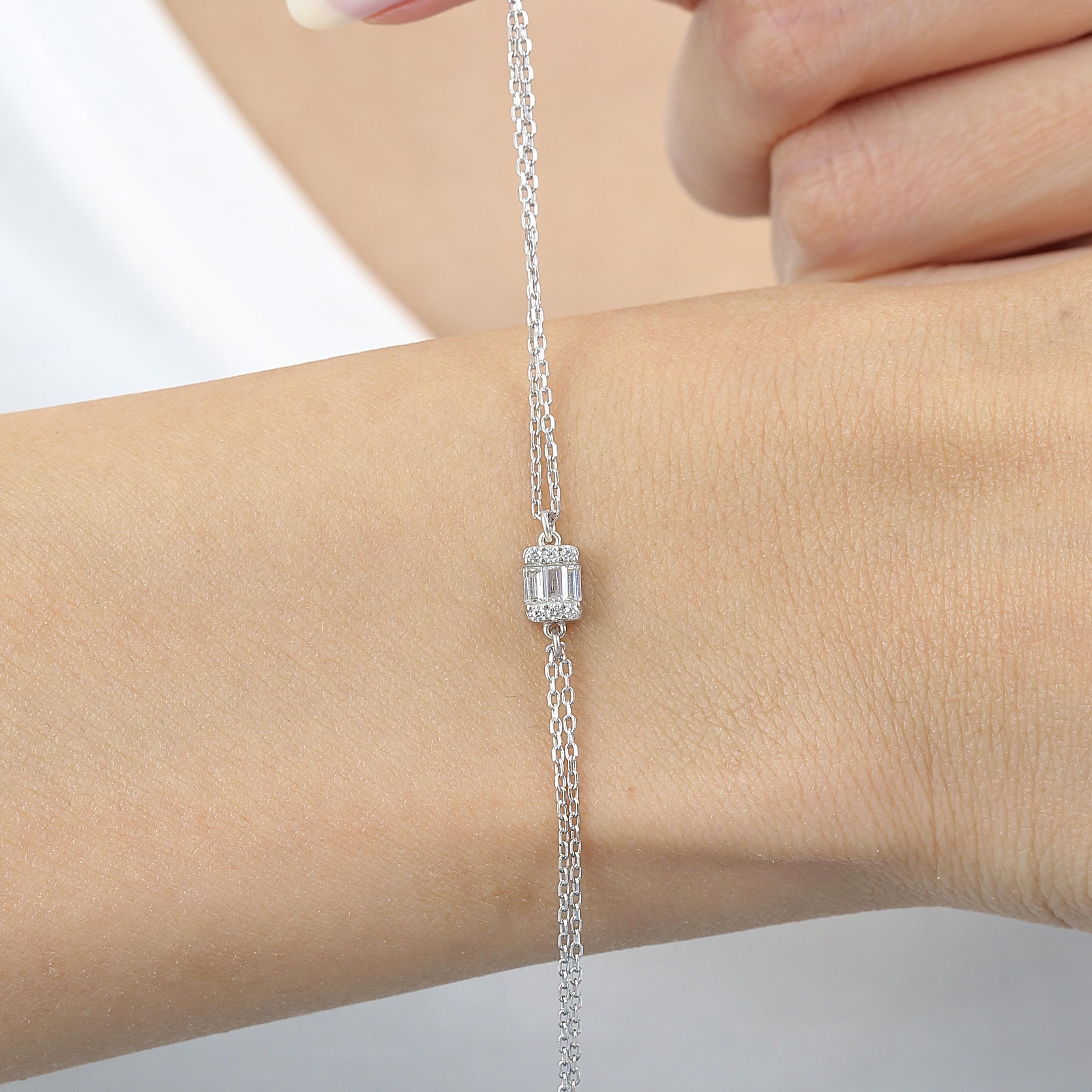 Diamond Setting Minimal Rectangle Baguette Silver Bracelet