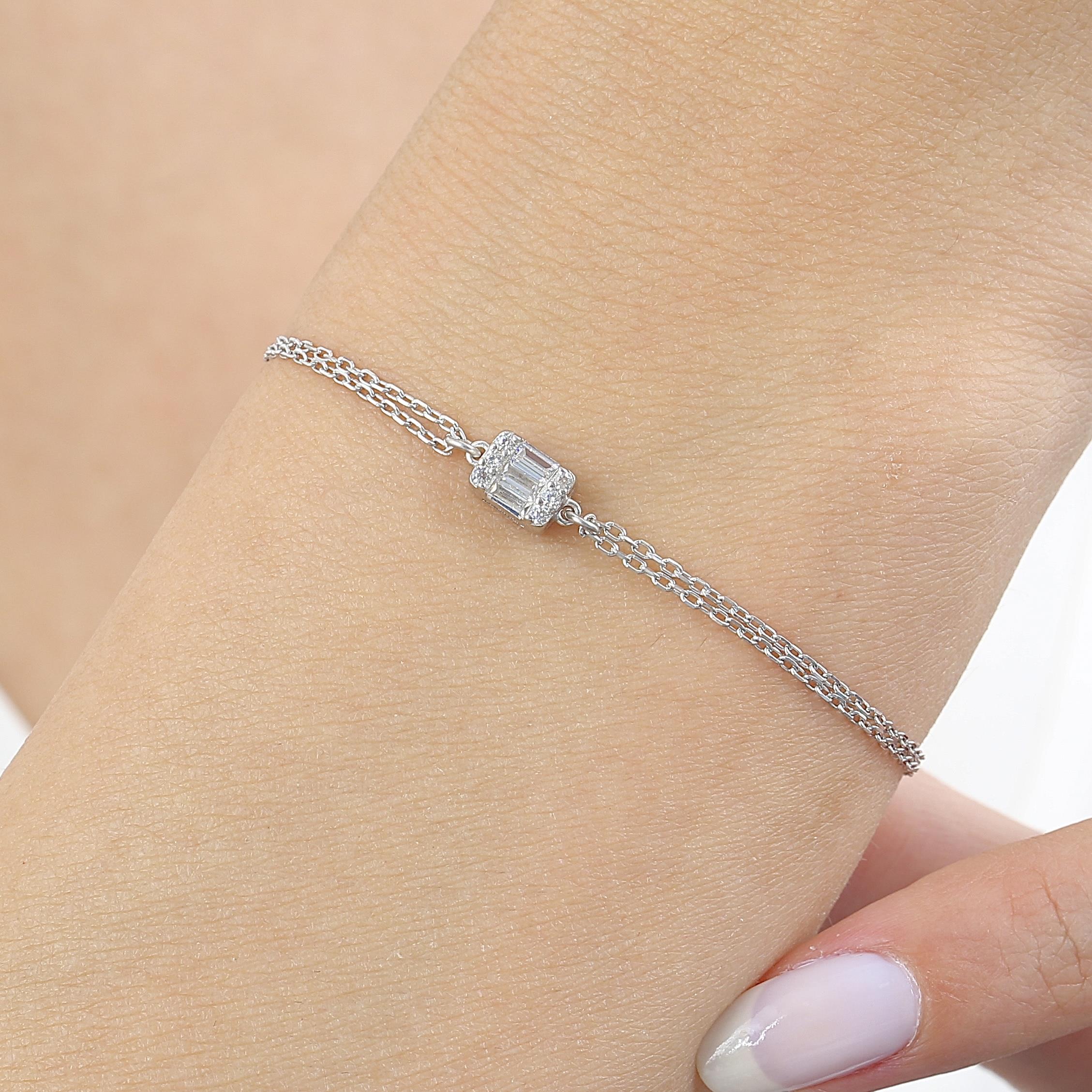 Diamond Setting Minimal Rectangle Baguette Silver Bracelet