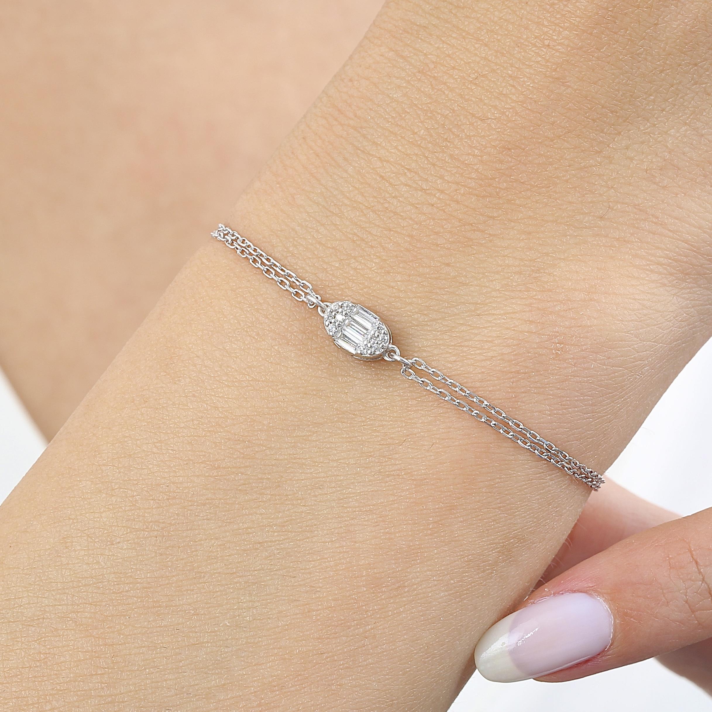 Diamond Setting Minimal Oval Baguette Silver Bracelet