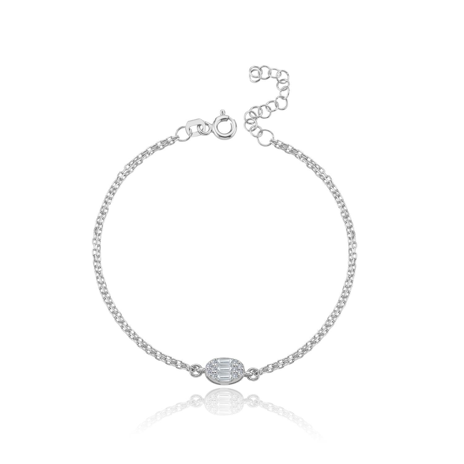 Diamond Setting Minimal Oval Baguette Silver Bracelet