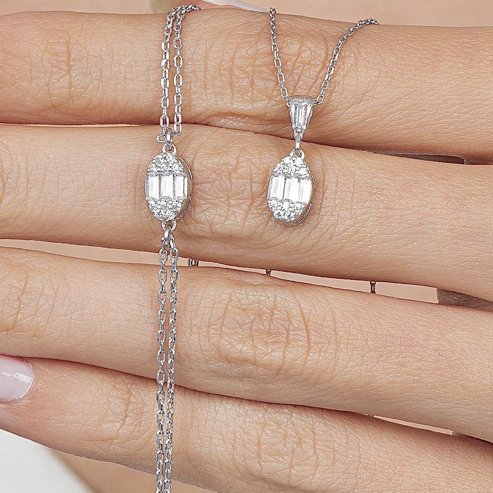 Diamond Minimal Oval Baguette Silver Double Set