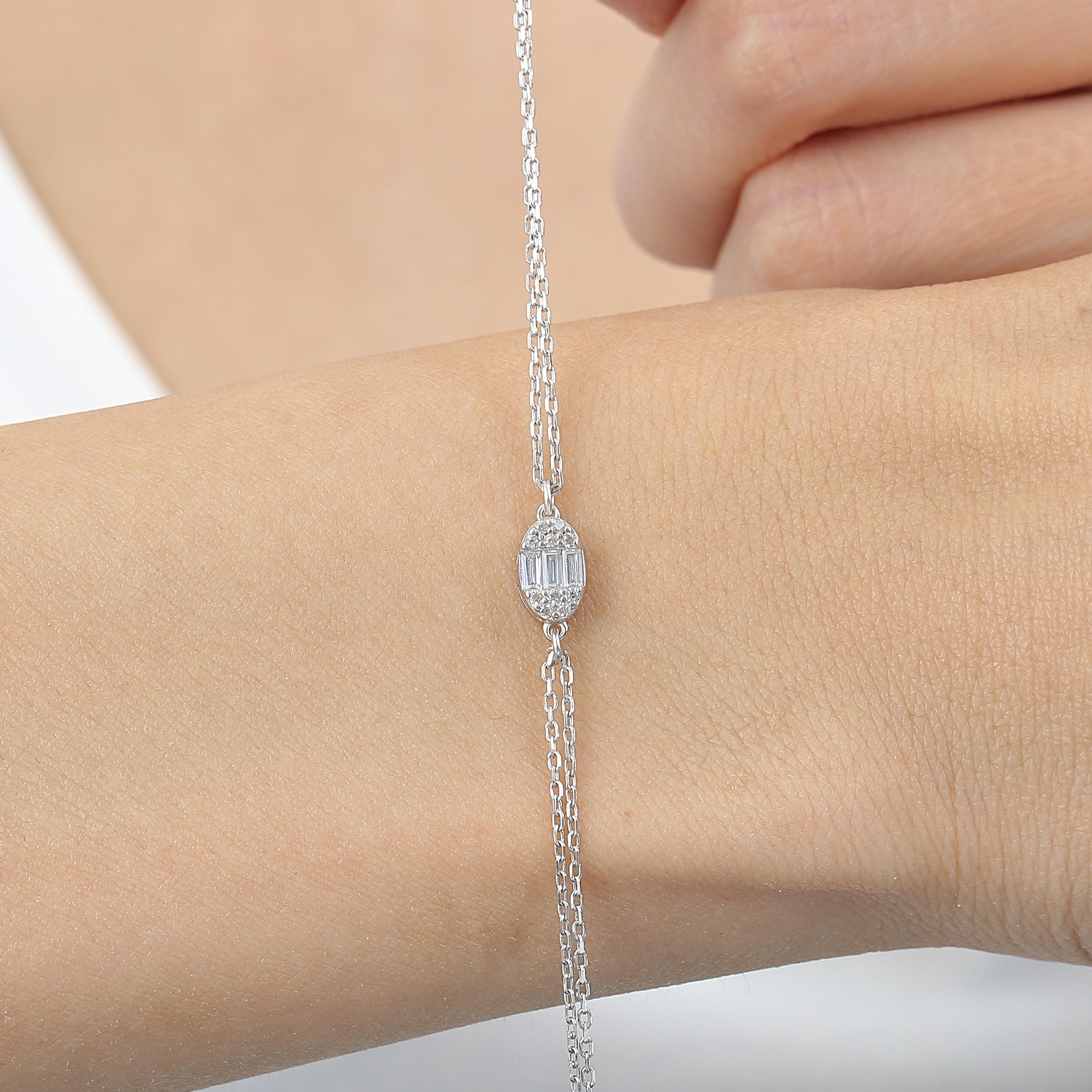 Diamond Setting Minimal Oval Baguette Silver Bracelet