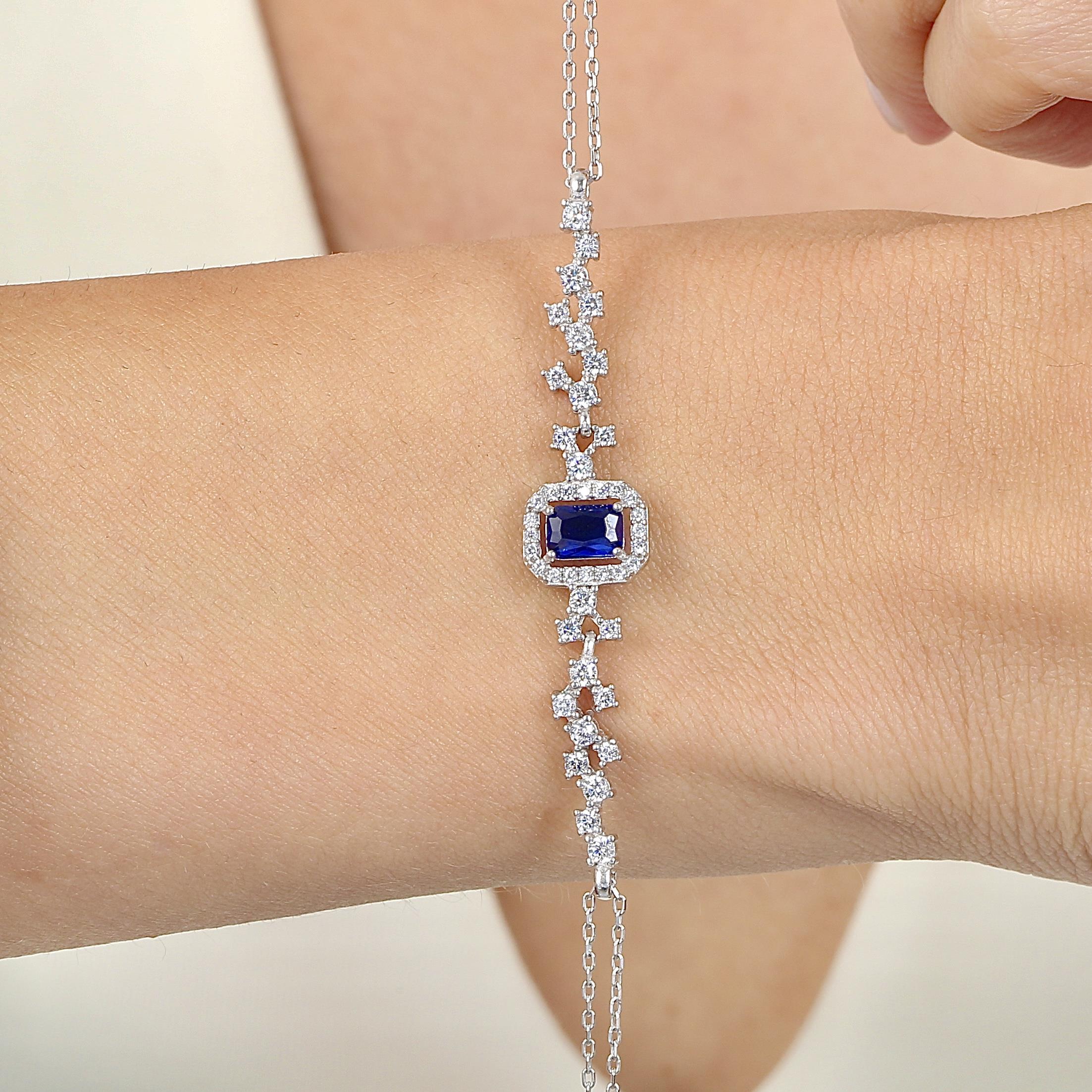 Diamond Baguette Cut Sapphire Silver Bracelet
