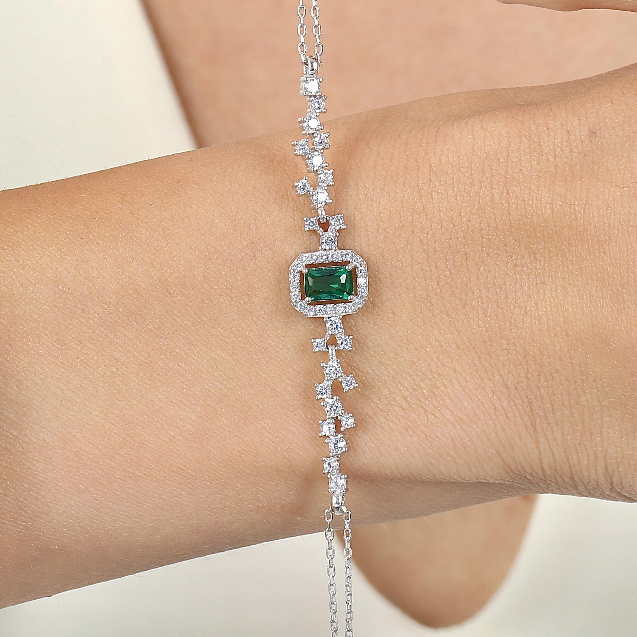 Diamond Elegant Baguette Cut Emerald Silver Bracelet
