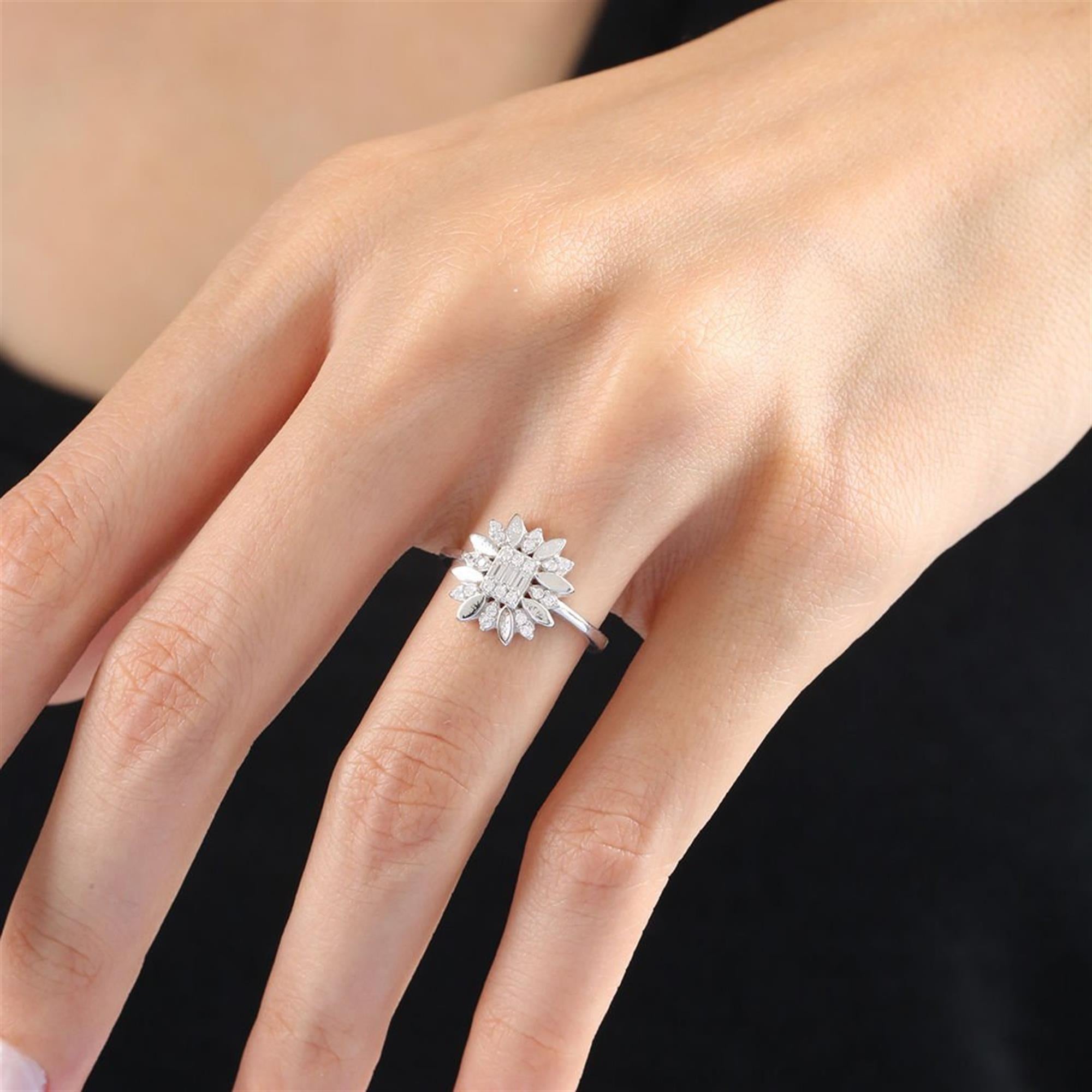 Diamond Setting Sparkling Baguette Sun Silver Ring