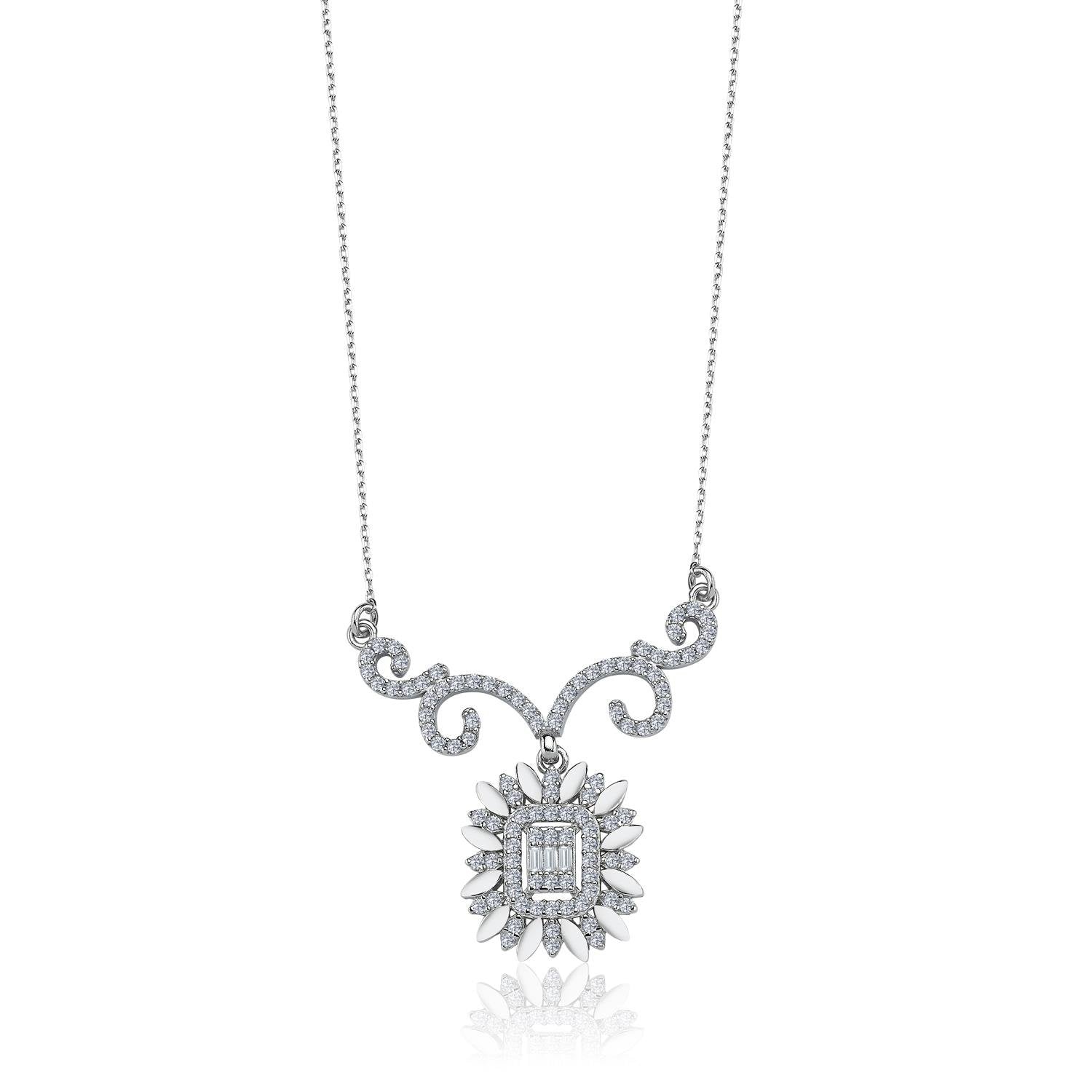 Diamond Luxury Baroque Baguette Sunburst Silver Necklace