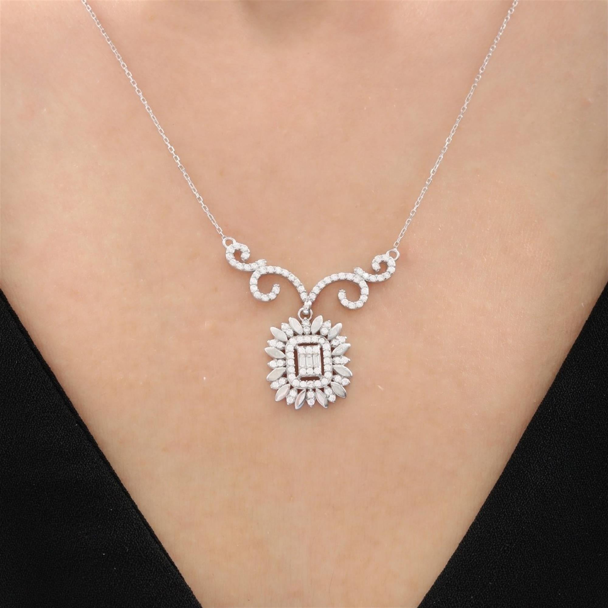 Diamond Luxury Baroque Baguette Sunburst Silver Necklace