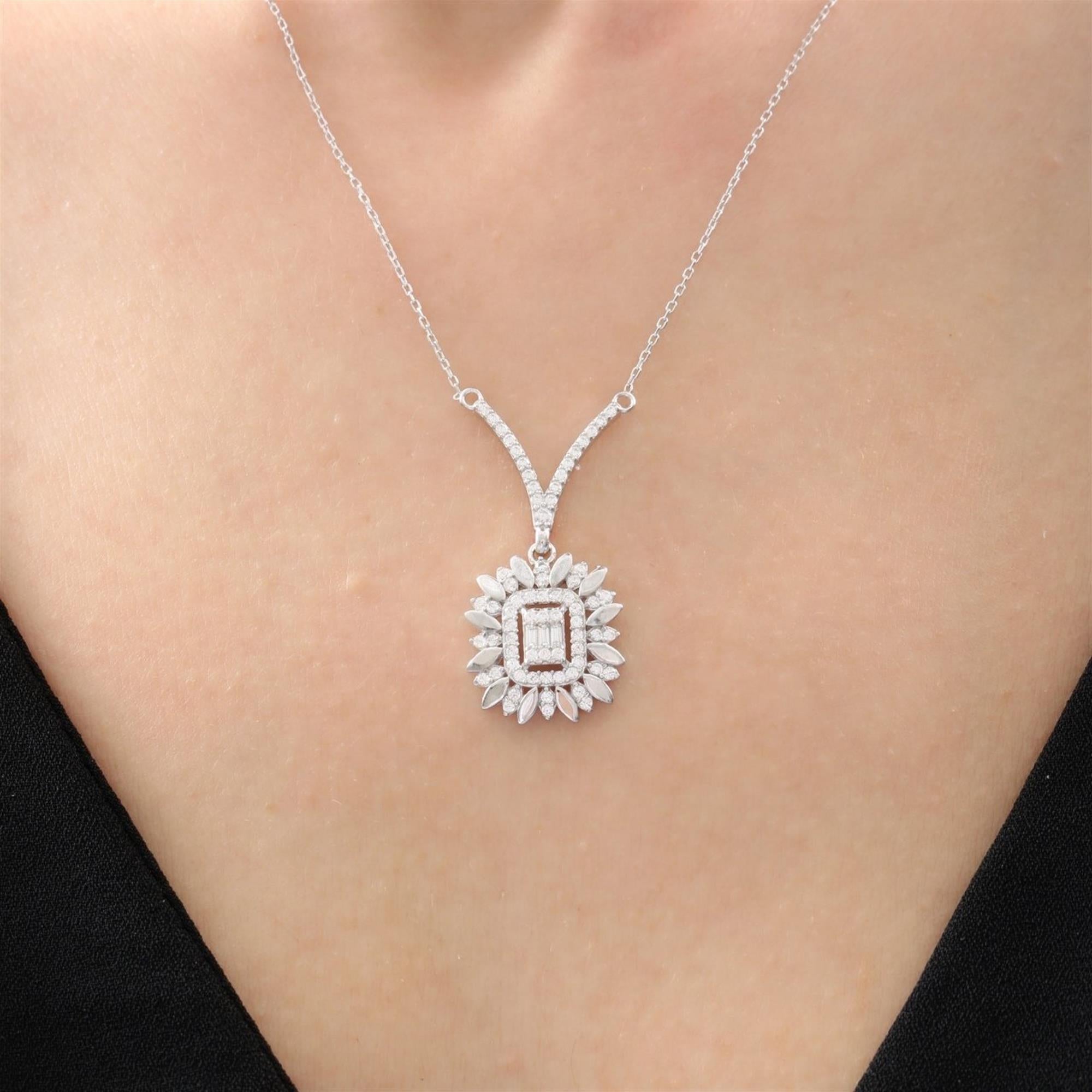 Diamond Radiant Sunburst Baguette Silver Pendant Necklace