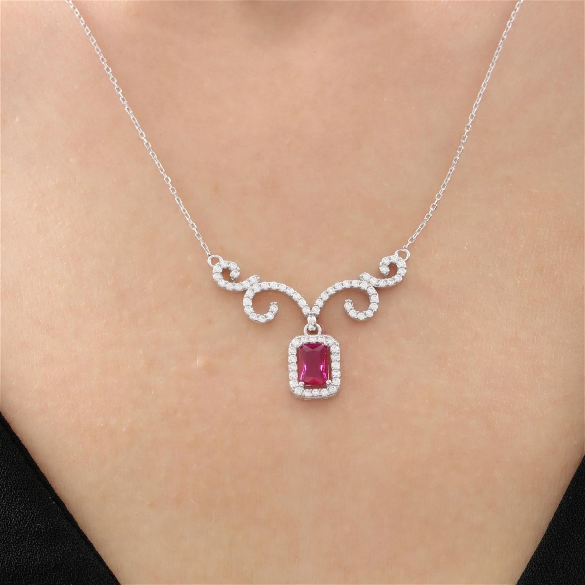 Diamond Royal Ruby Curve Silver Necklace