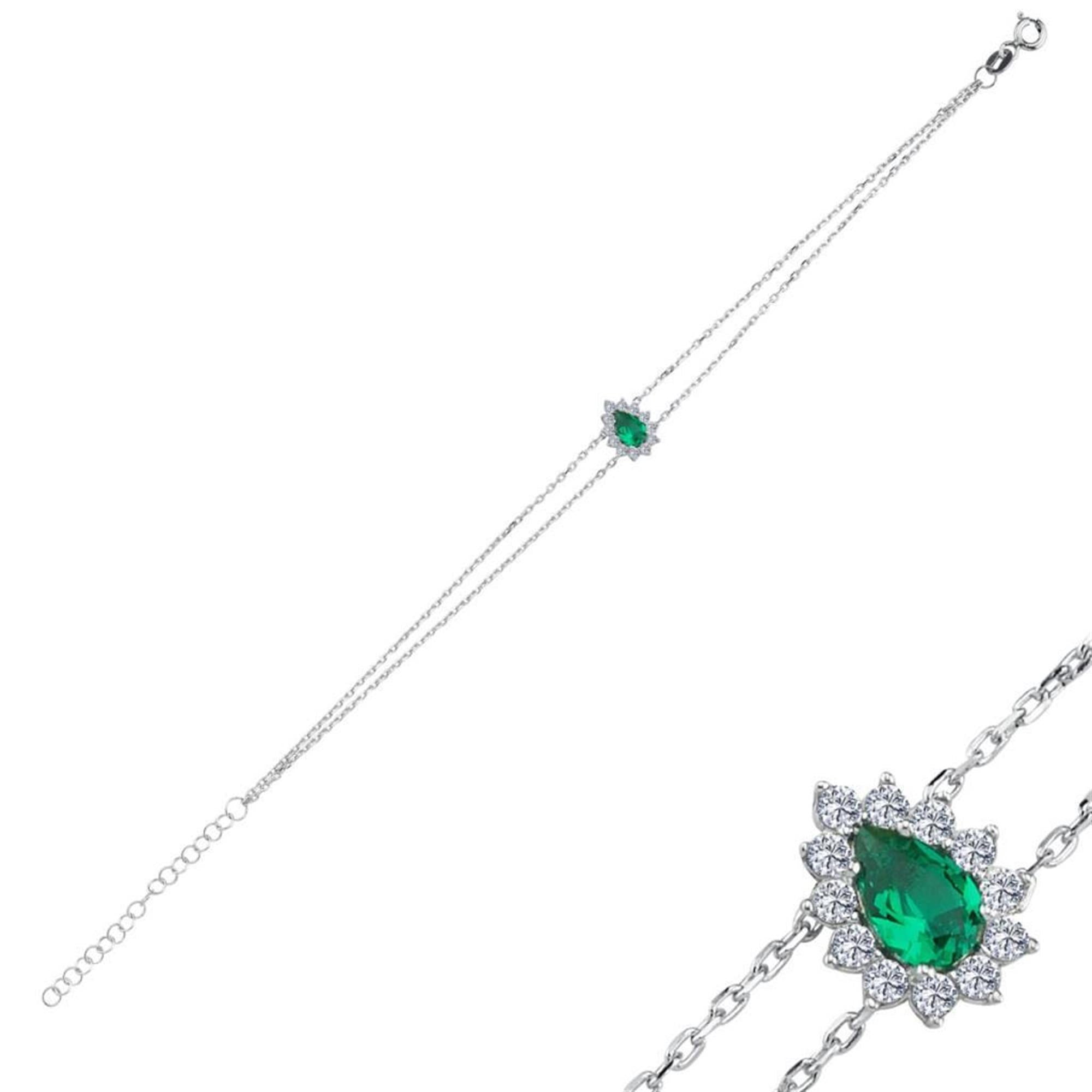 Diamond Teardrop Emerald Silver Bracelet