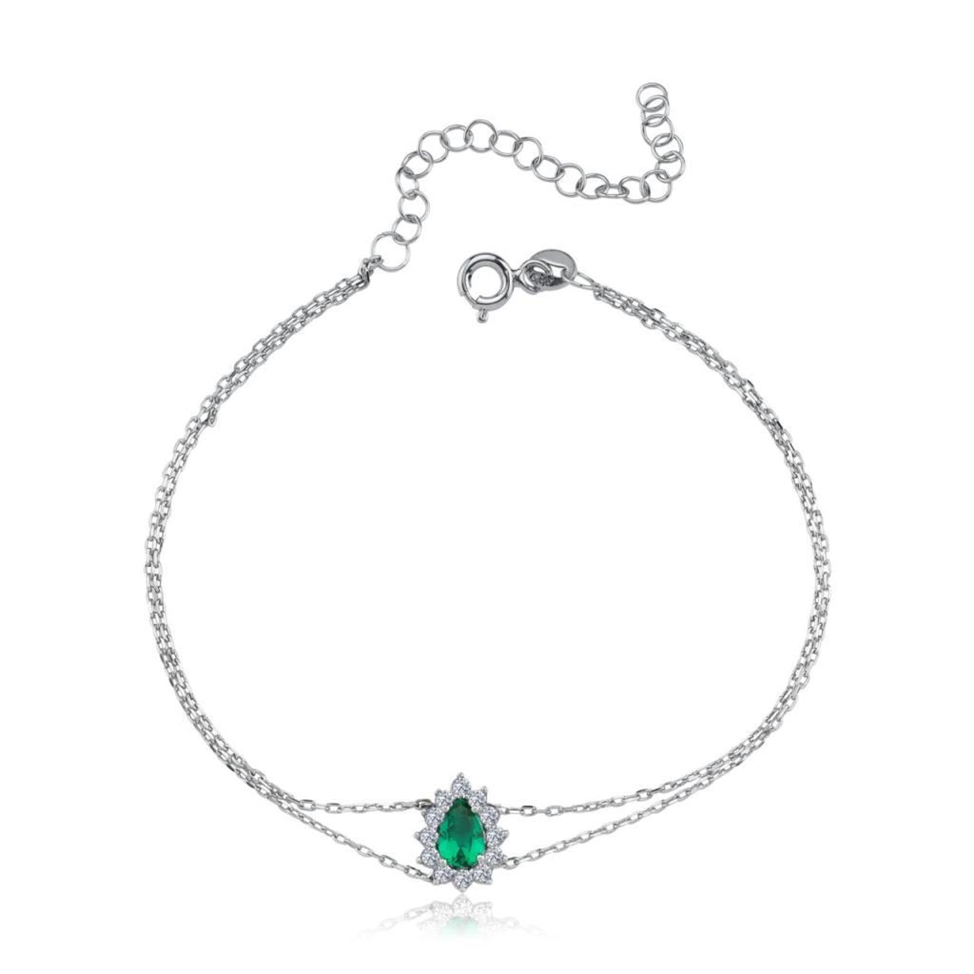 Diamond Teardrop Emerald Silver Bracelet