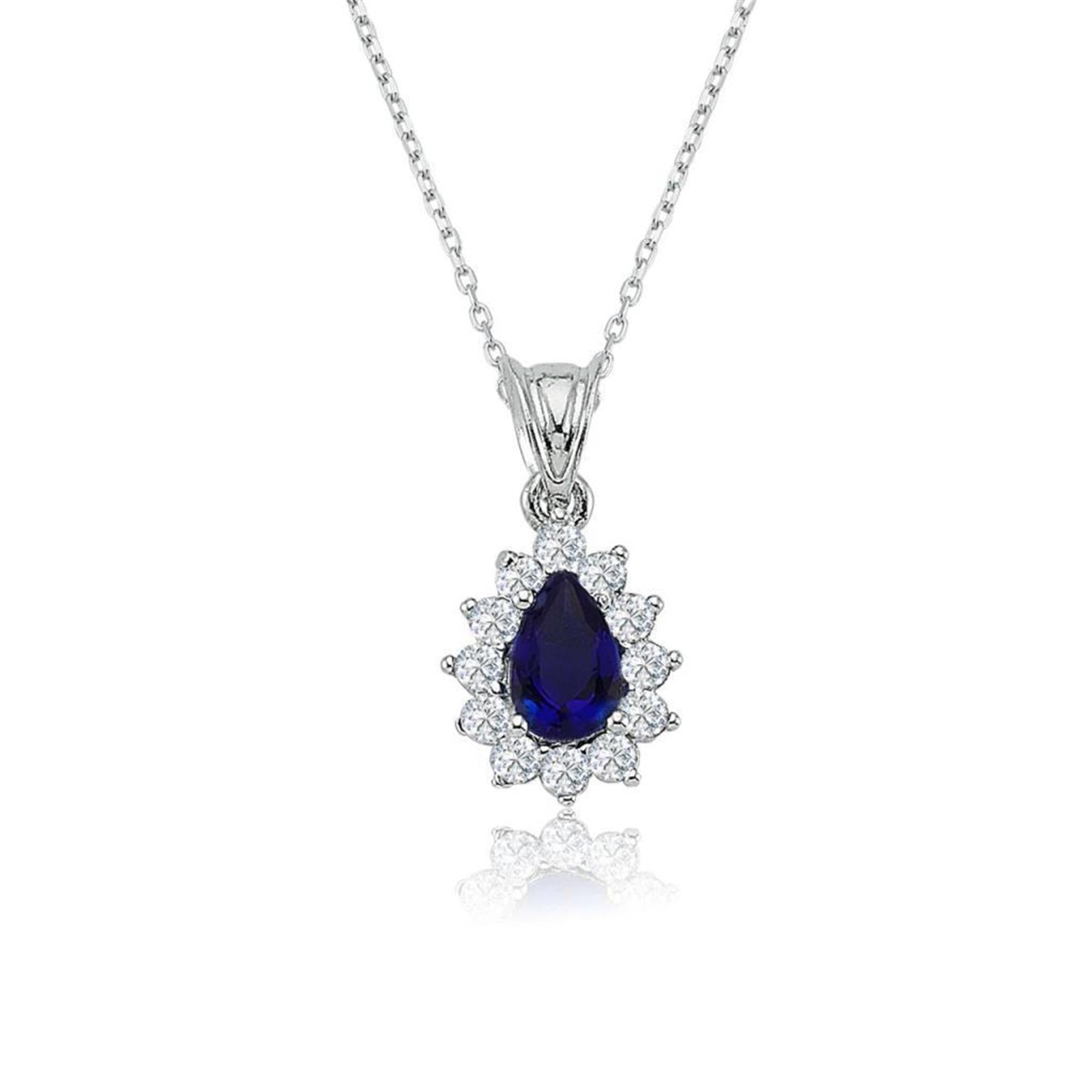 Diamond Setting Sapphire Teardrop Silver Necklace