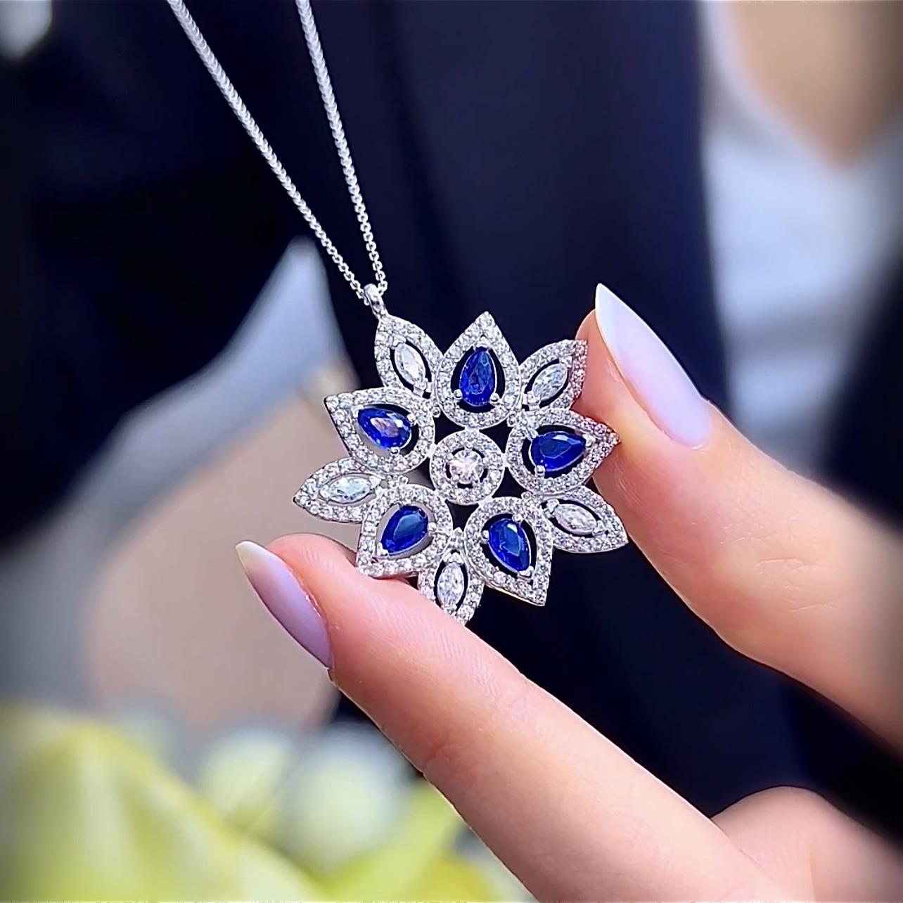 Diamond Setting Royal Sapphire Snowflake Necklace