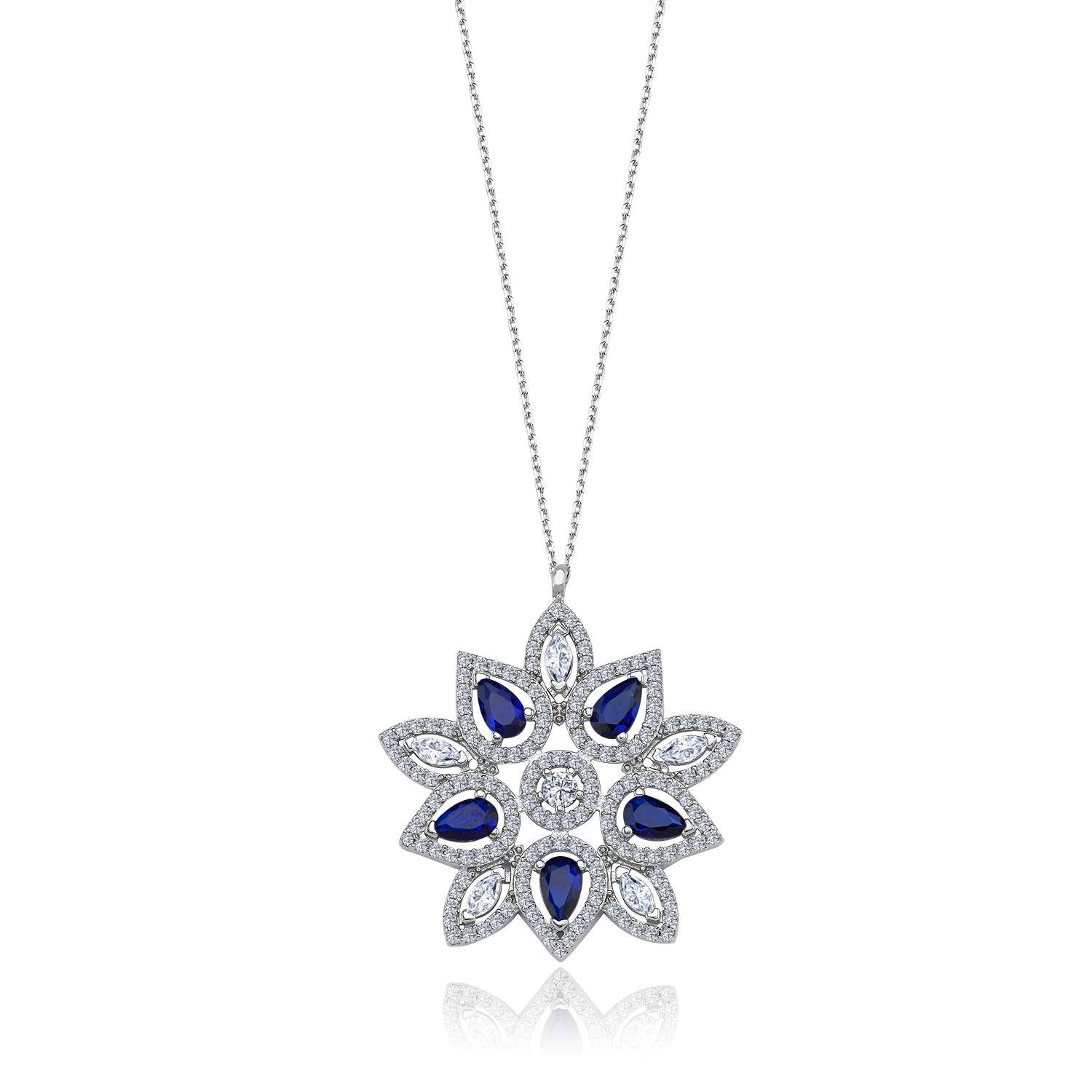 Sterling silver snowflake pendant necklace with teardrop sapphire stones and marquise CZ – royal queen-inspired luxury jewelry