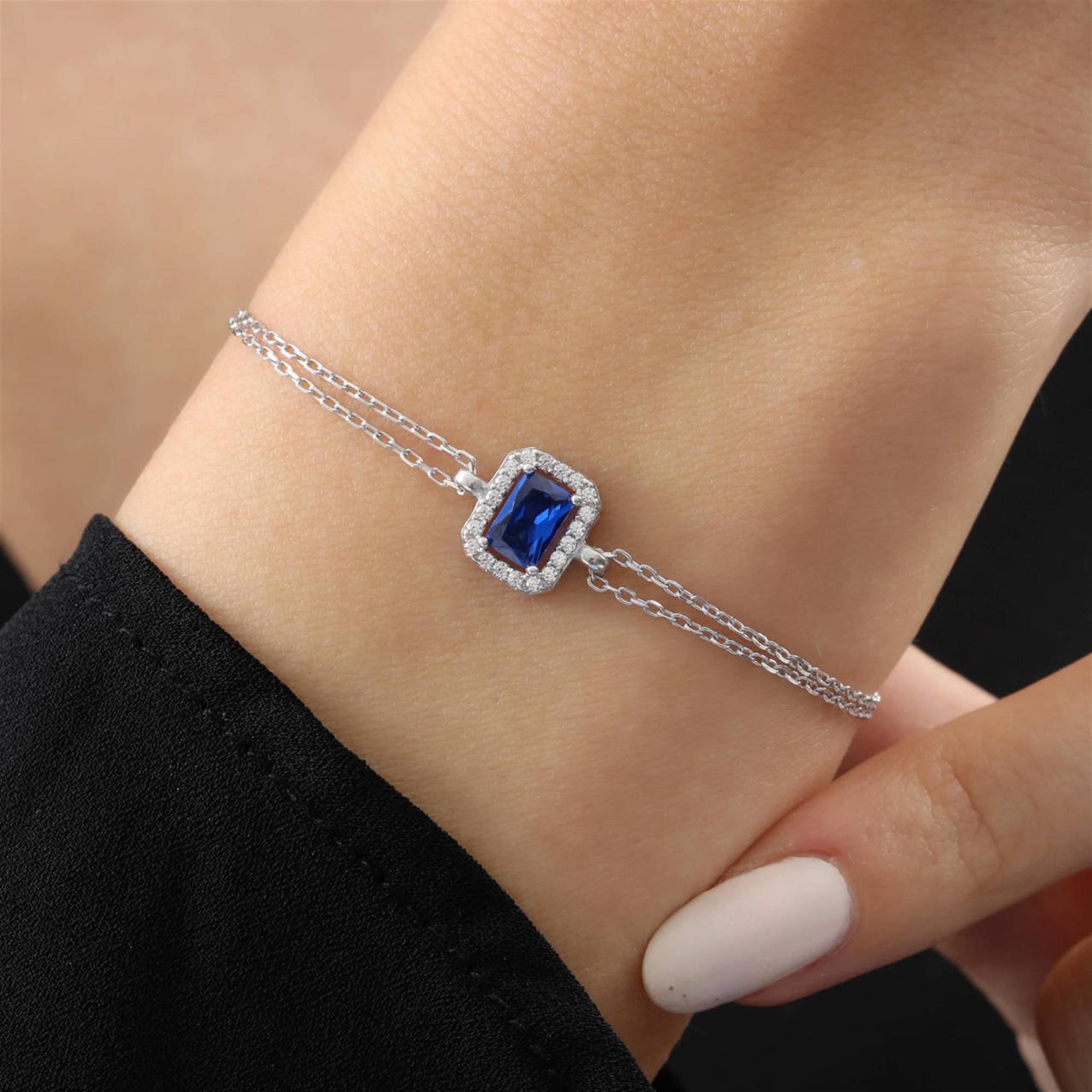 Diamond Setting Sapphire Simple Silver Bracelet