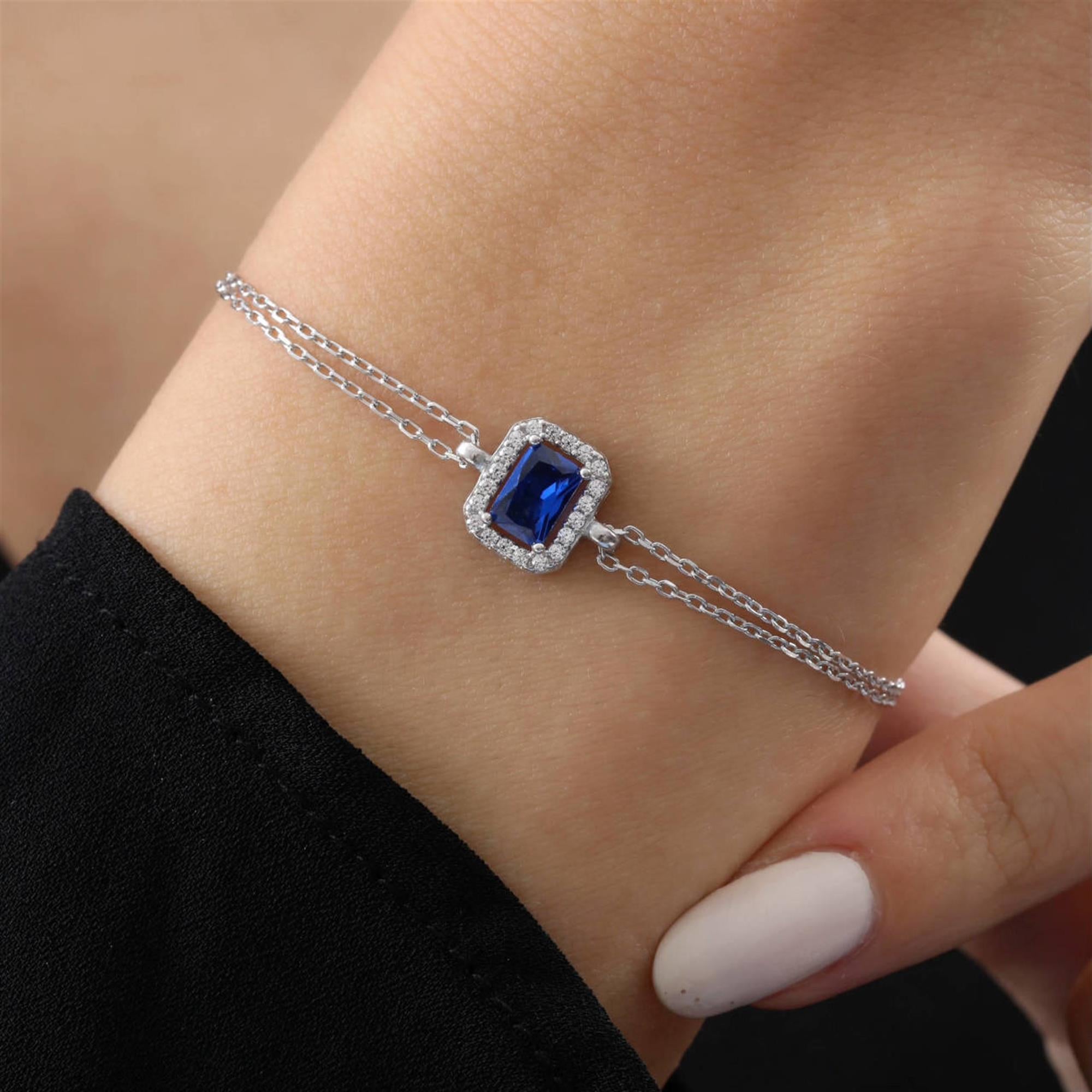 Diamond Setting Sapphire Simple Silver Bracelet