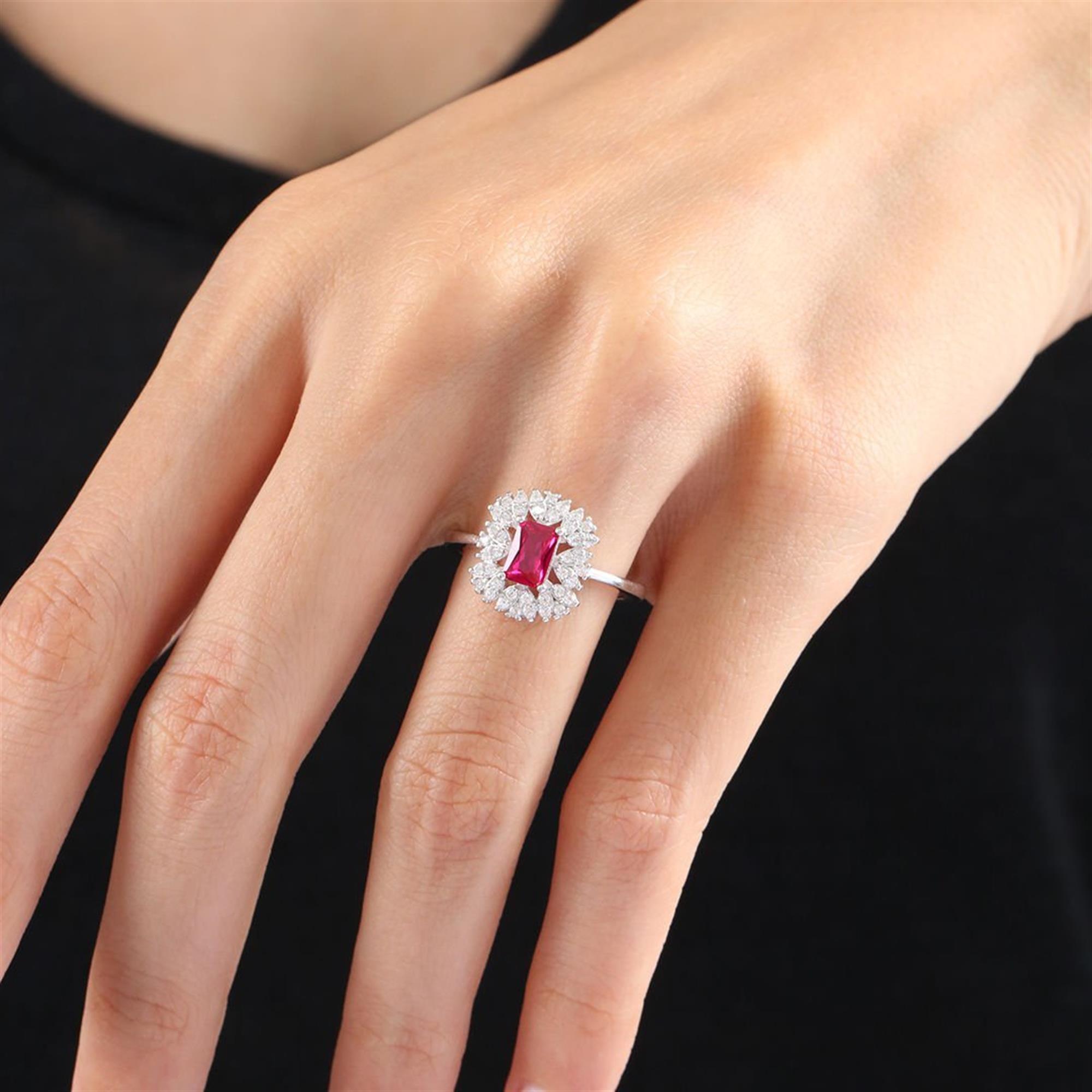 Ruby Red Baguette with Dazzling Halo in Sterling Silver