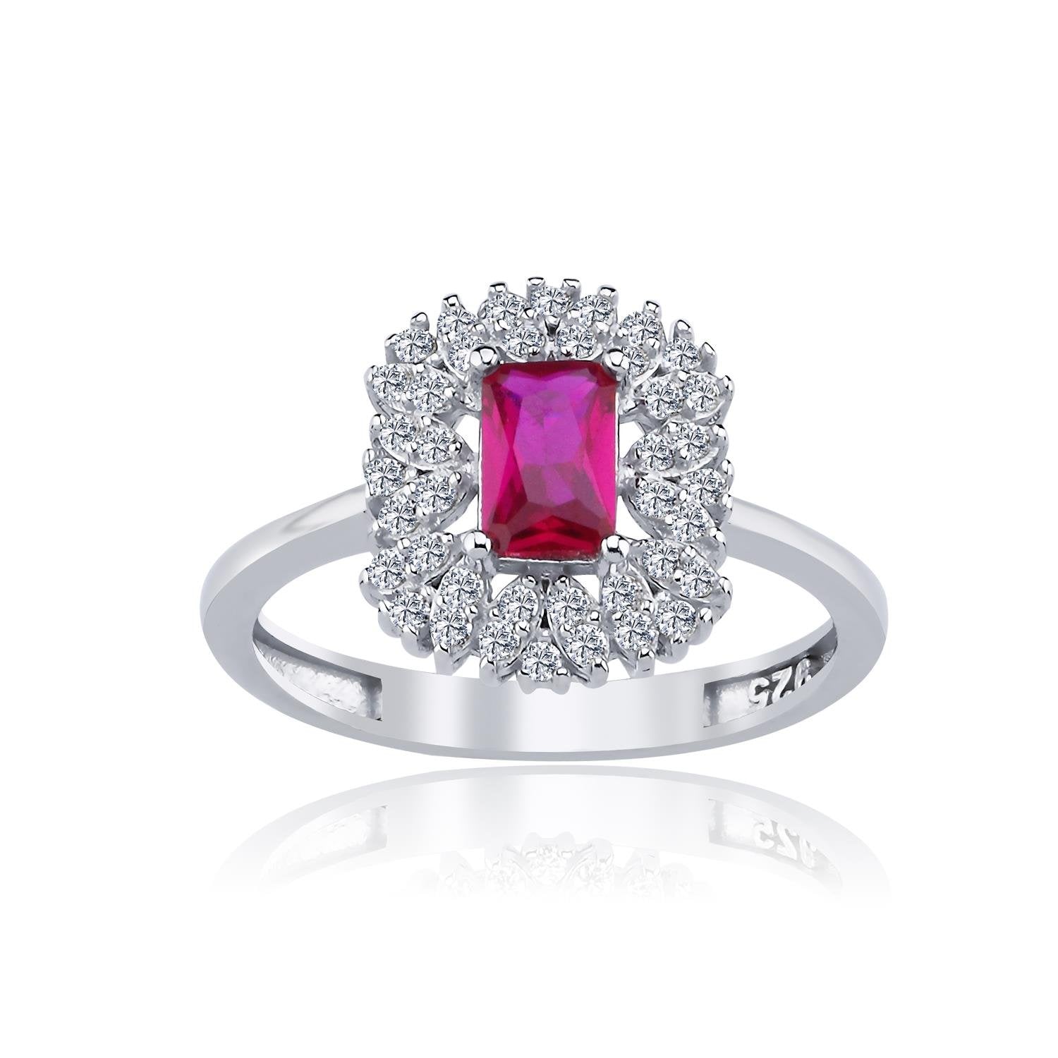 Ruby Red Baguette with Dazzling Halo in Sterling Silver