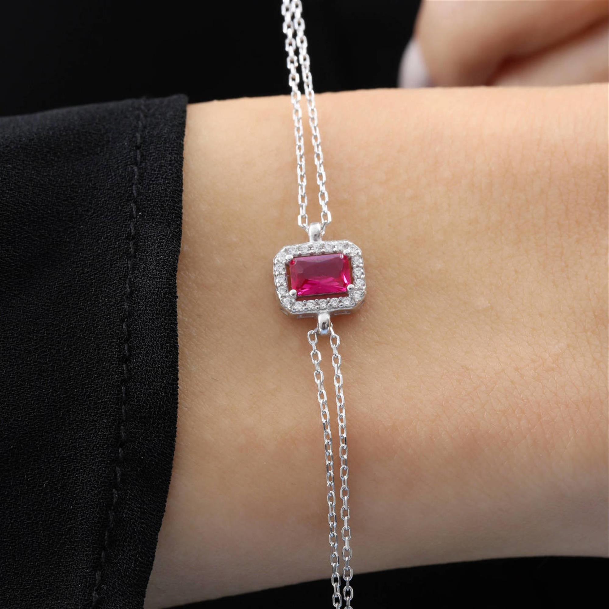 Diamond Setting Ruby Simple Silver Bracelet