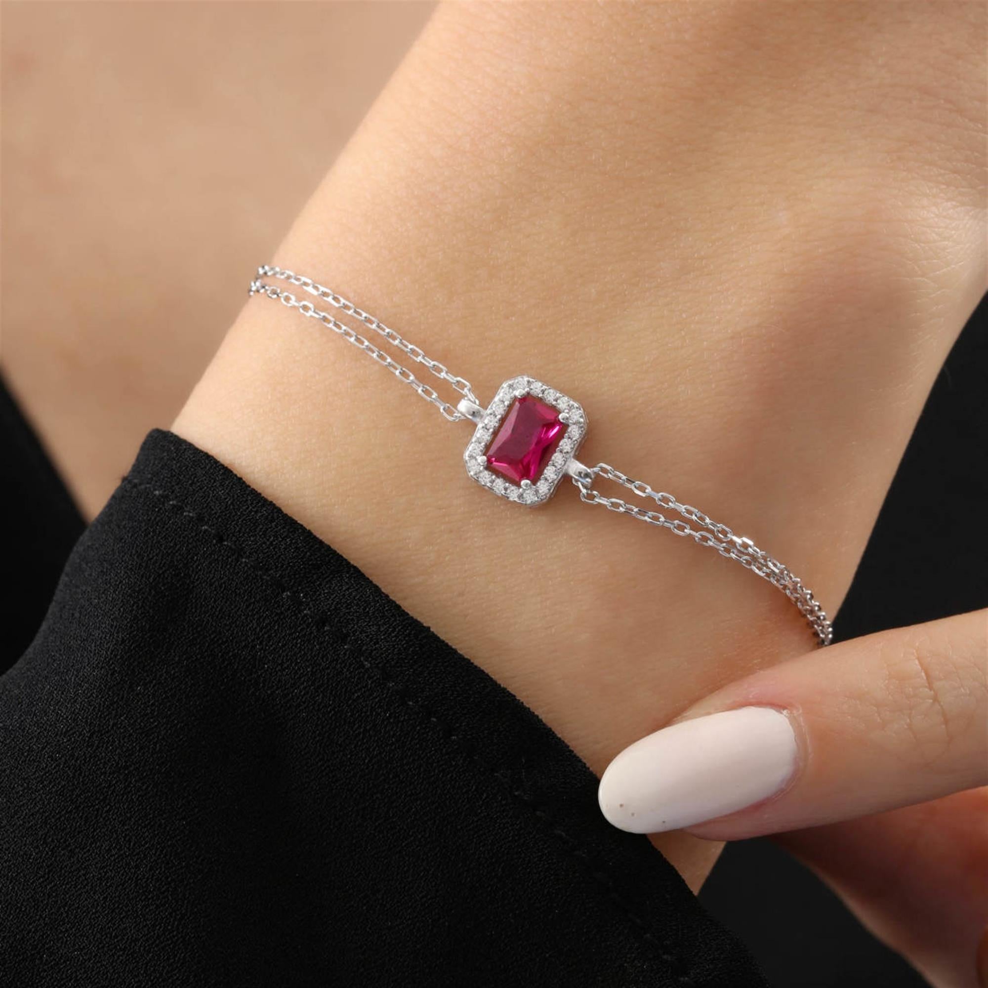 Diamond Setting Ruby Simple Silver Bracelet