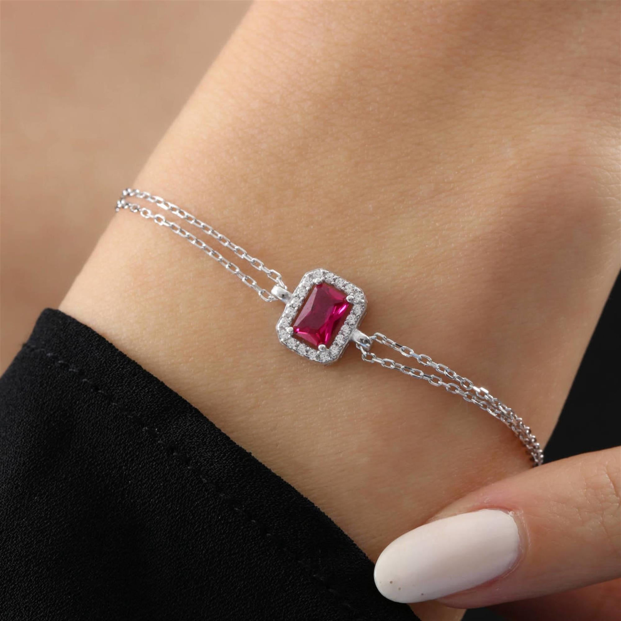 Diamond Setting Ruby Simple Silver Bracelet