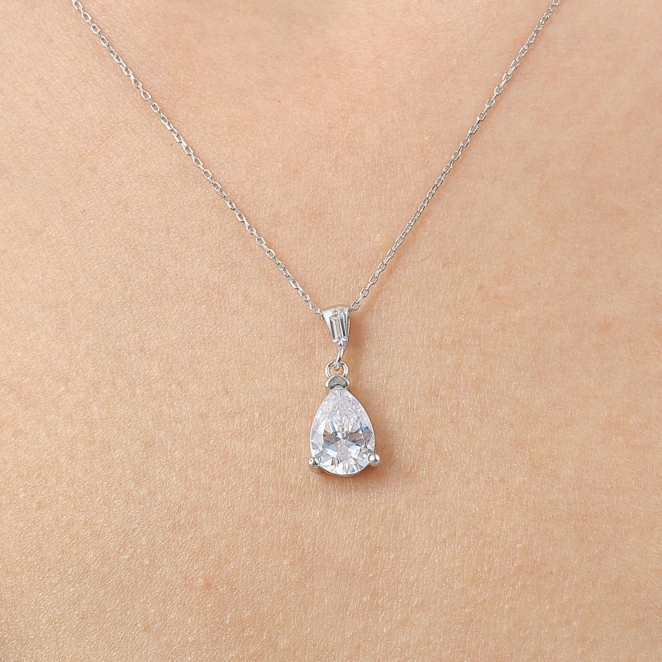 Diamond Setting Single Drop Silver Necklace