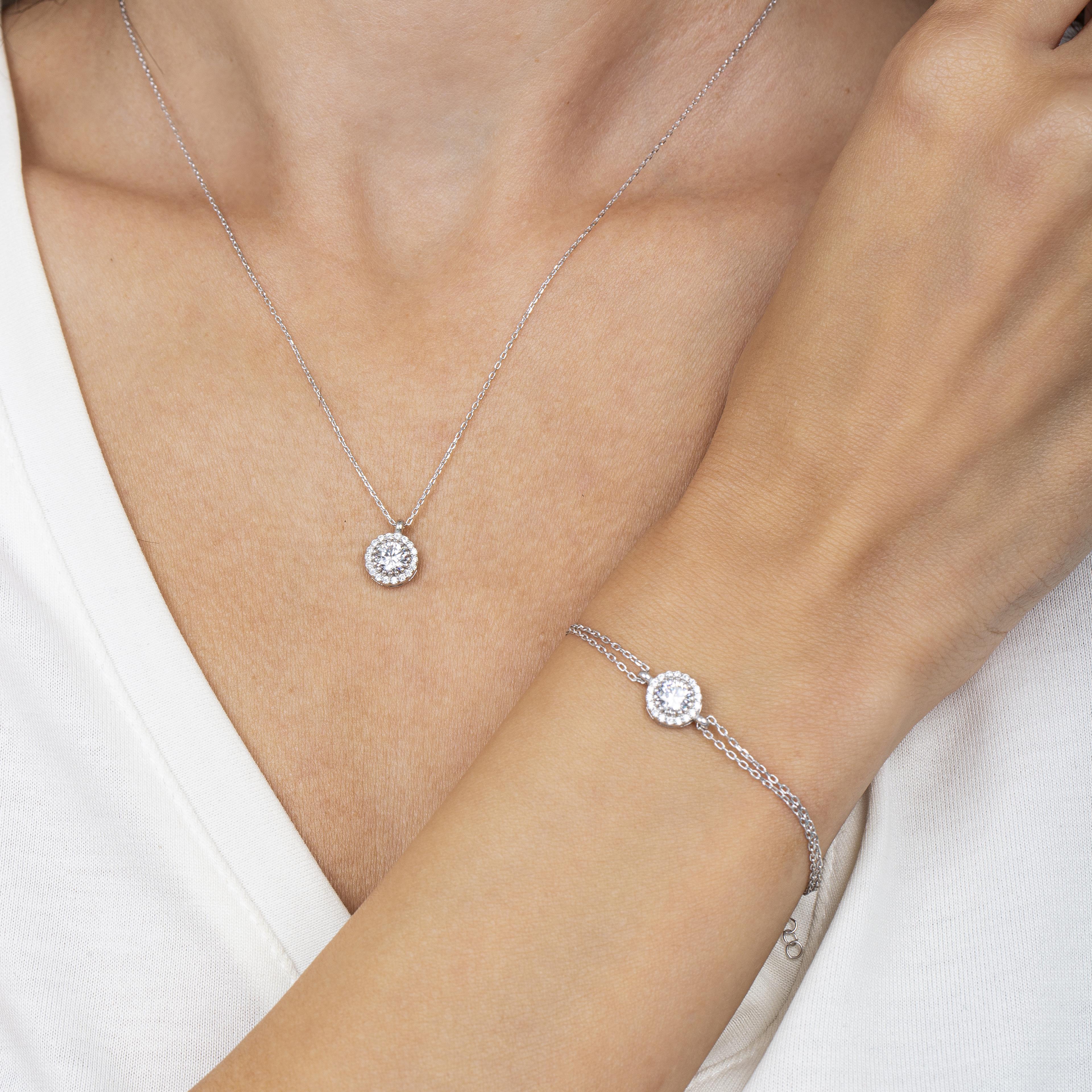 Diamond Setting Solitaire Silver Necklace & Bracelet Set