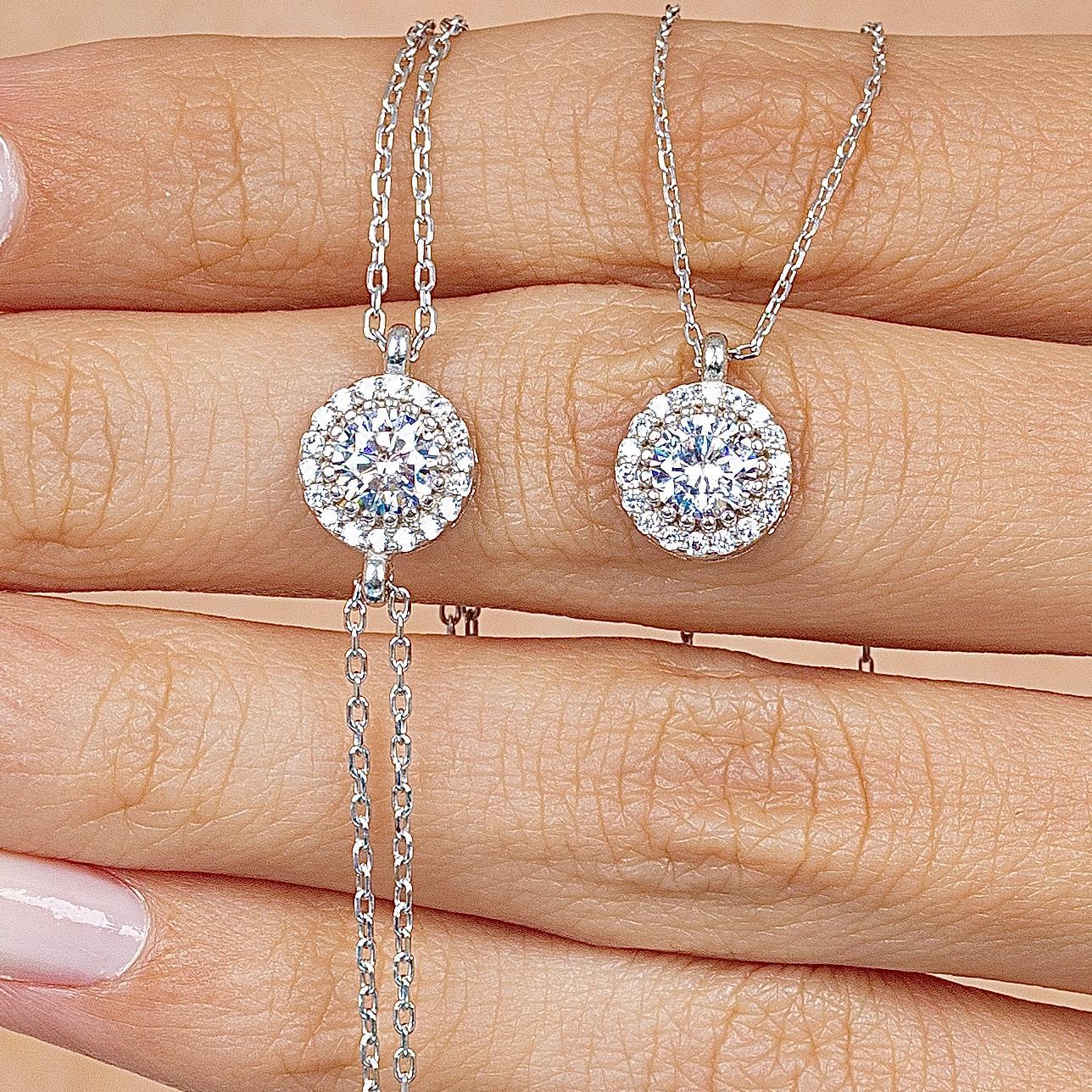 Diamond Setting Solitaire Silver Necklace & Bracelet Set