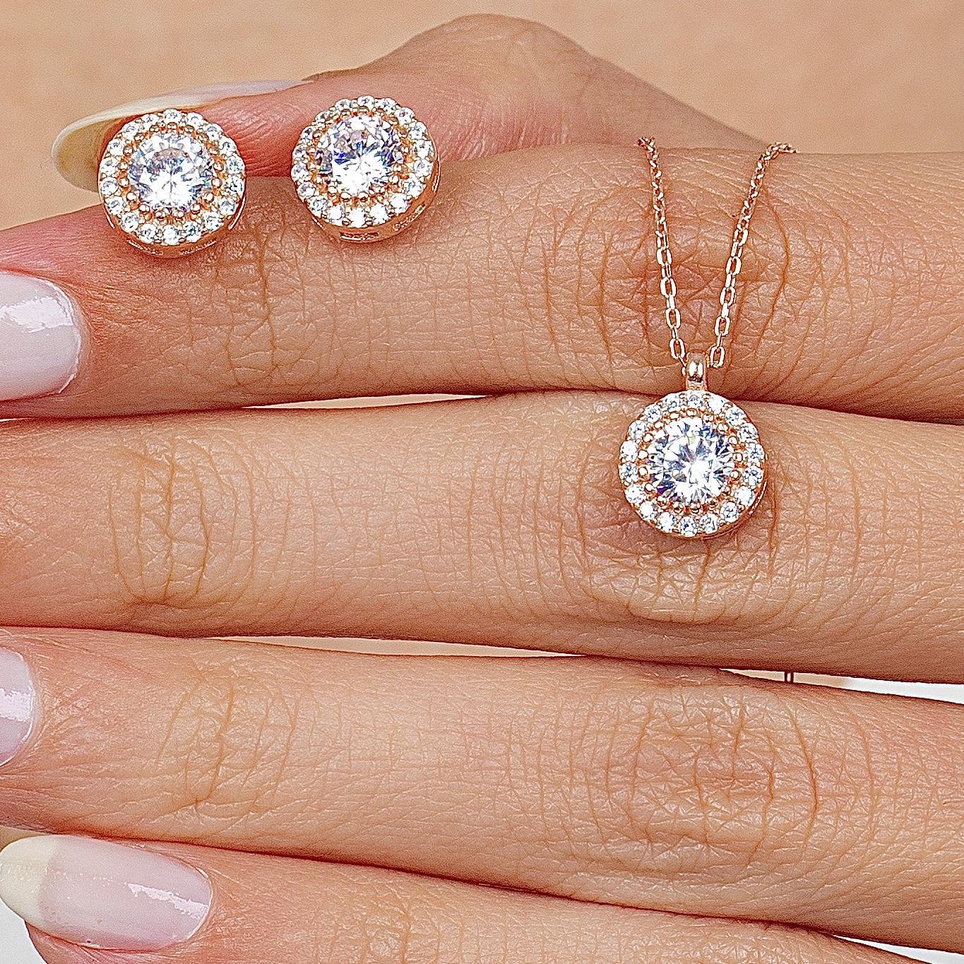 Diamond Setting Solitaire Rose Gold Necklace & Earring Set