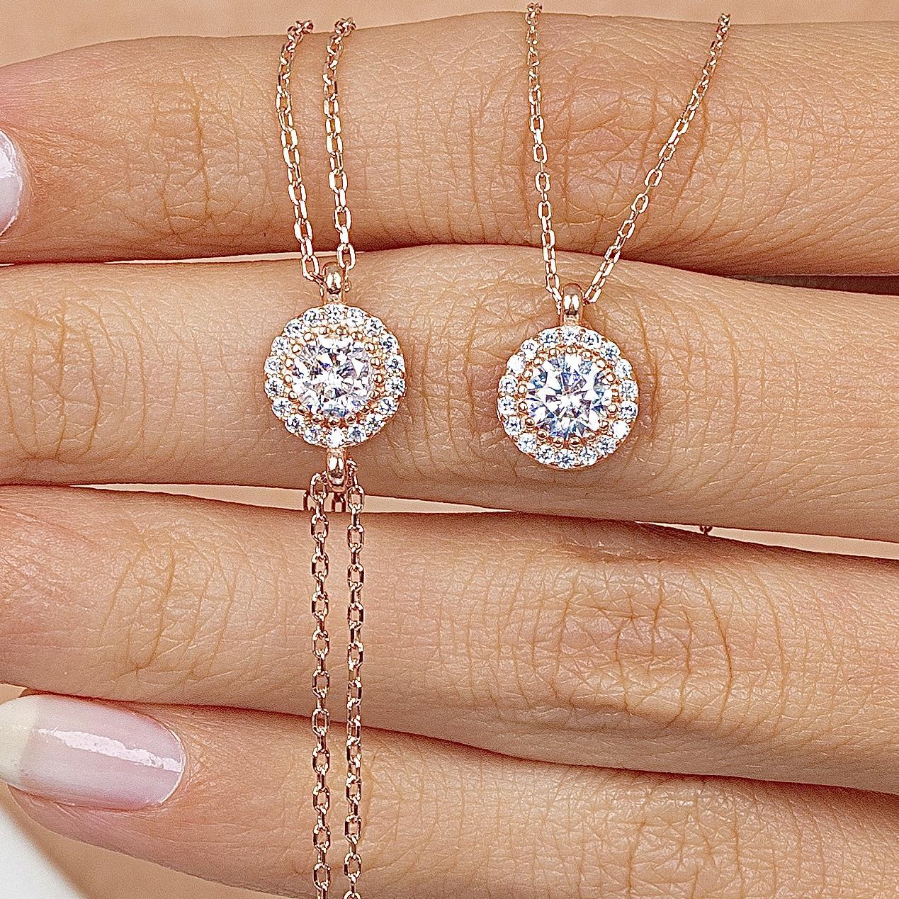 Diamond Setting Solitaire Rose Gold Necklace & Bracelet Set
