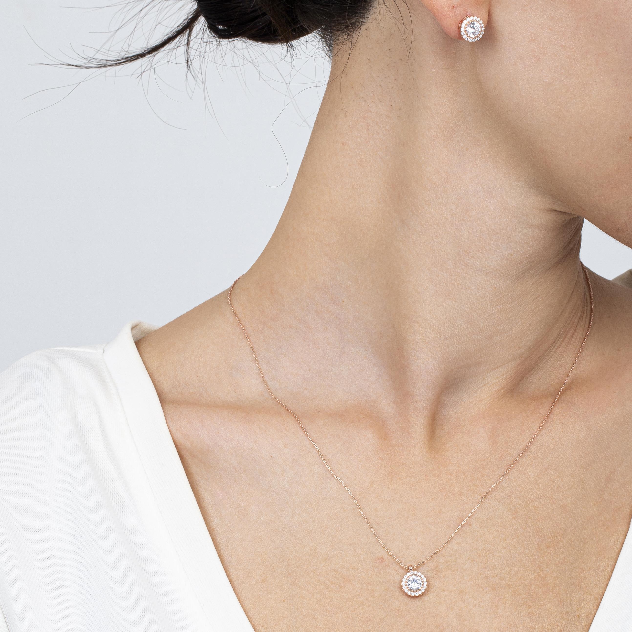 Diamond Setting Solitaire Rose Gold Necklace & Earring Set