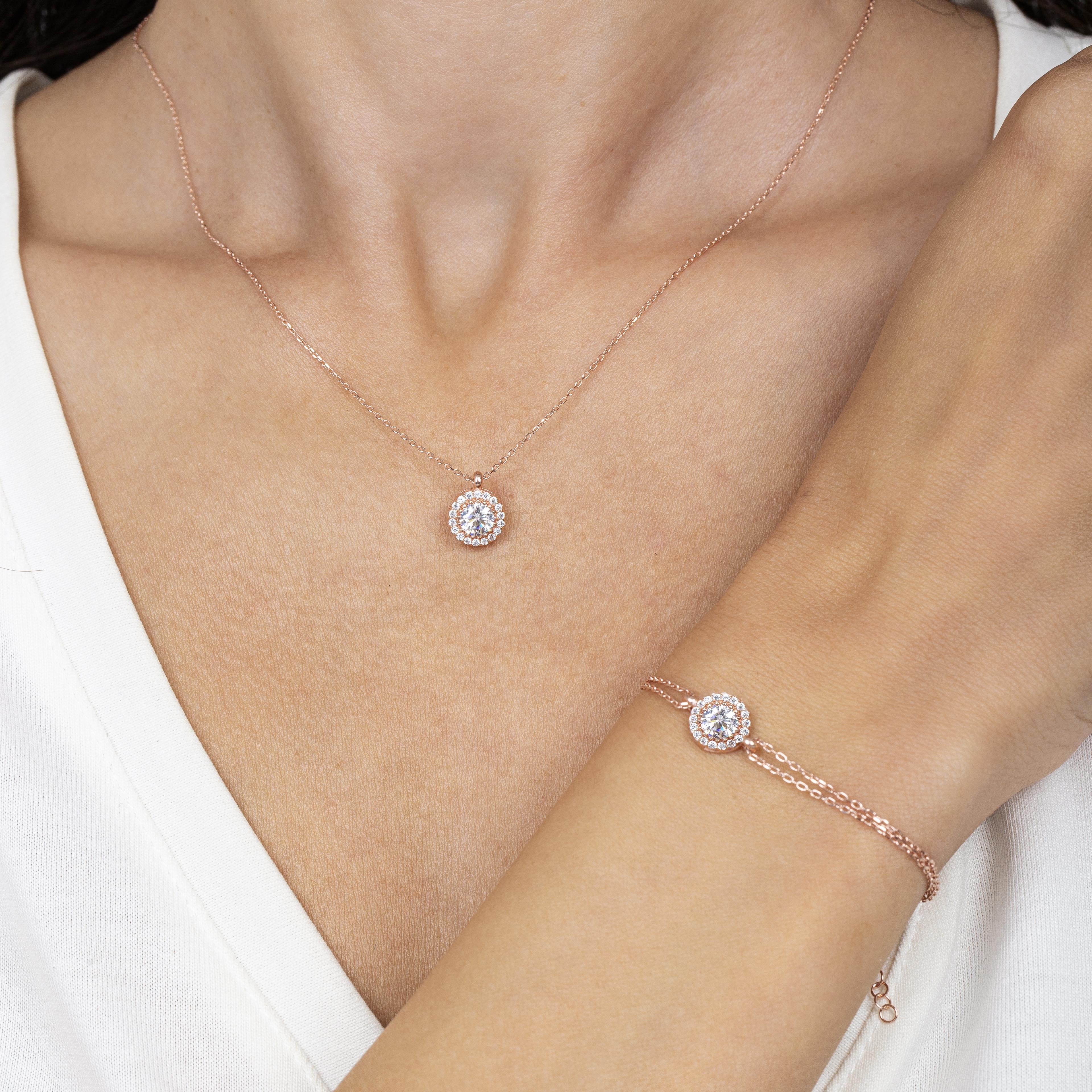 Diamond Setting Solitaire Rose Gold Necklace & Bracelet Set