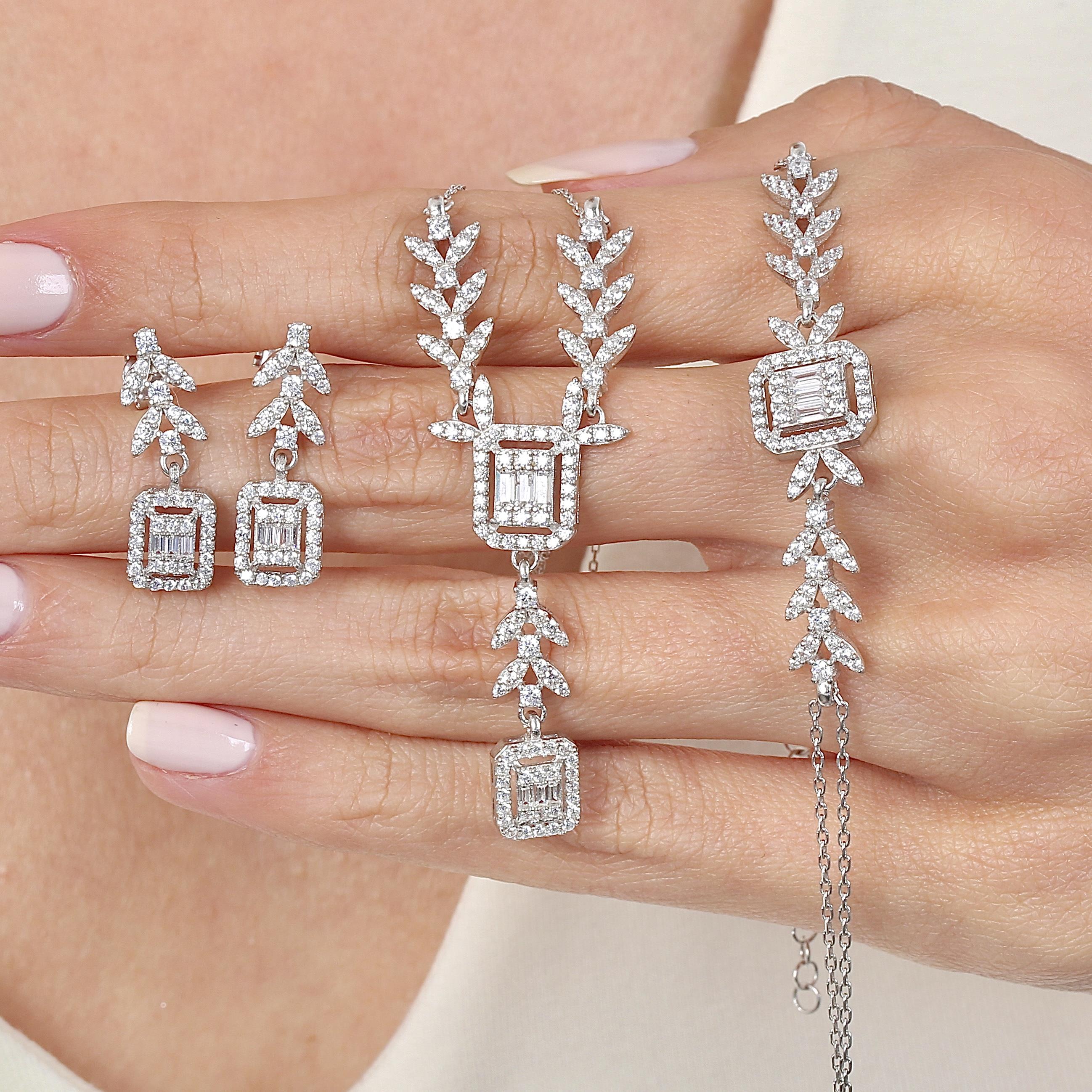 Diamond Setting Sparkle Baguette Silver Triple Set
