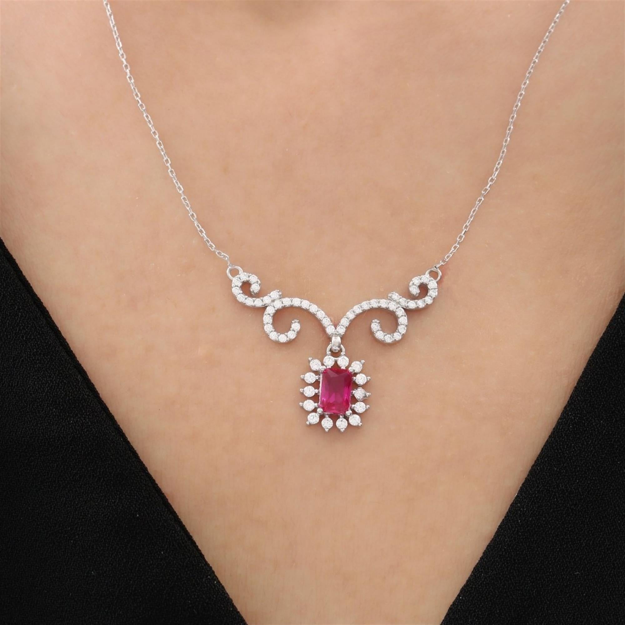 Diamond Regal Ruby Halo Baguette Silver Necklace