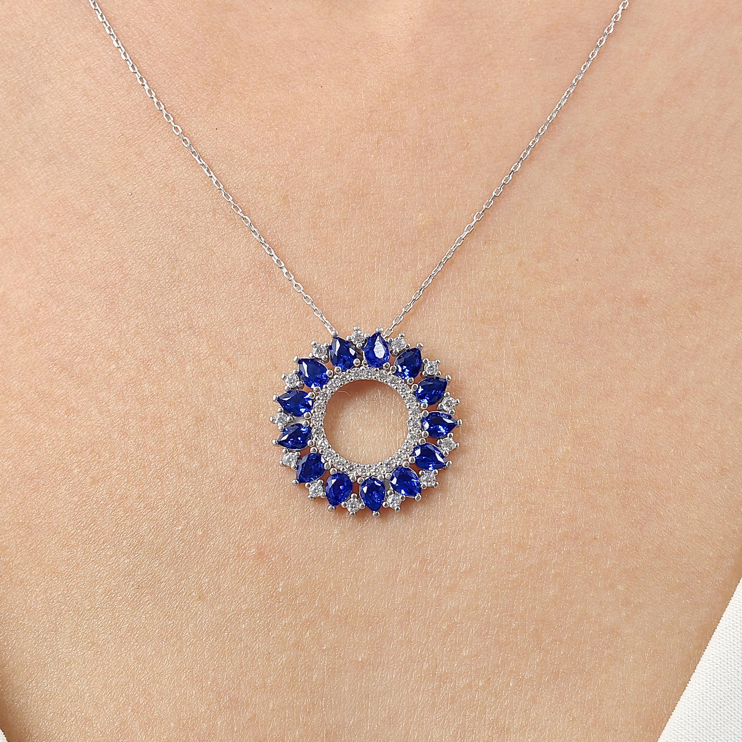 Sapphire Stone Ocean Sun Geometric Silver Necklace