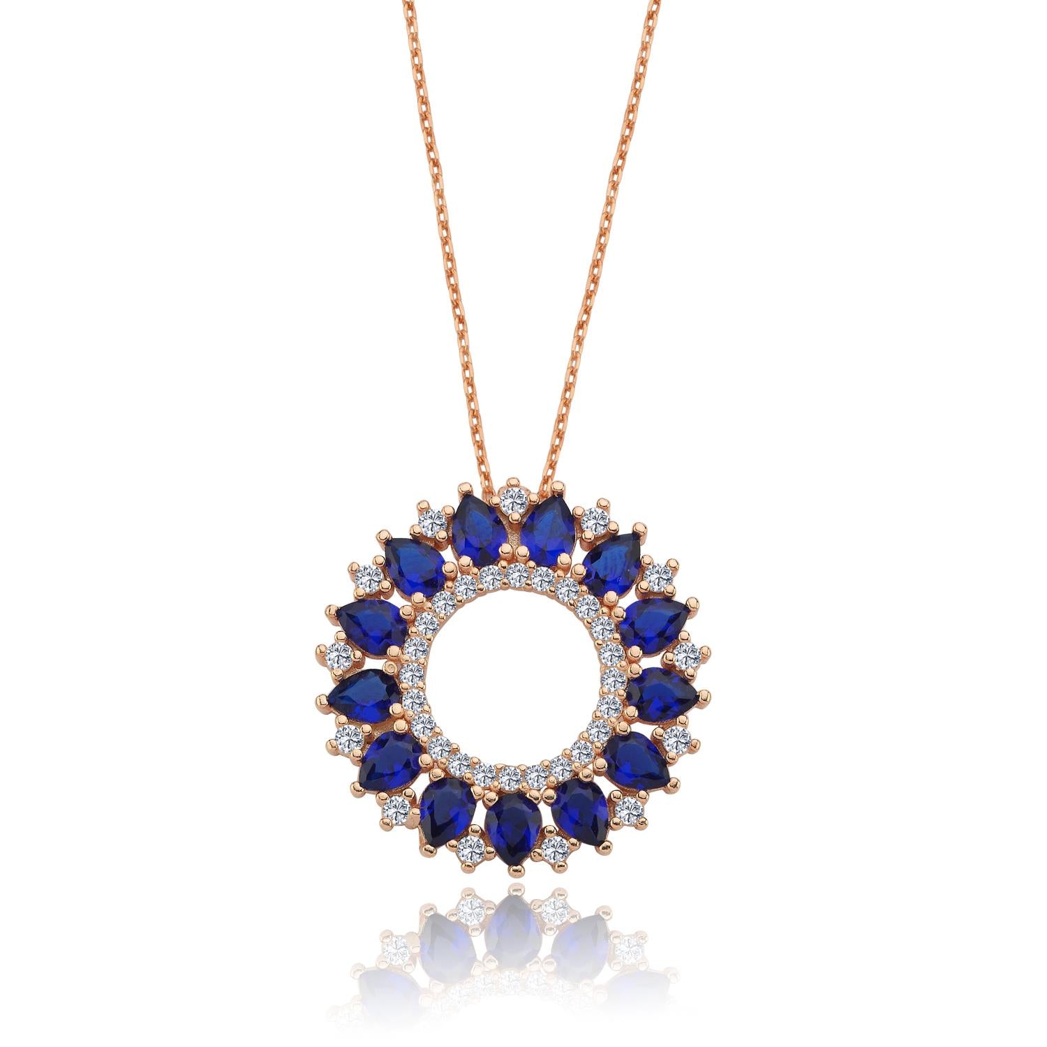 Sapphire Stone Ocean Sun Geometric Rose Gold Necklace