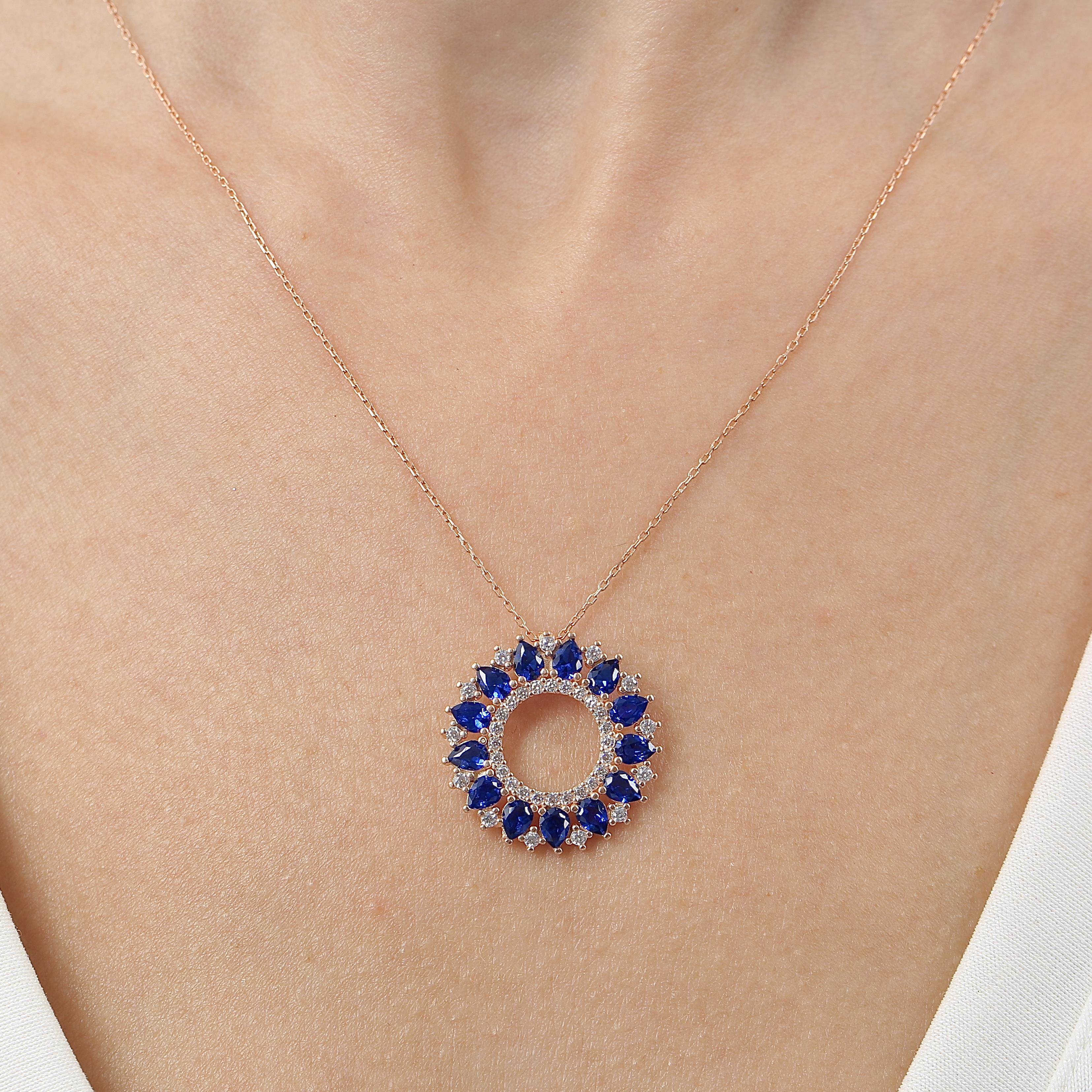 Sapphire Stone Ocean Sun Geometric Rose Gold Necklace