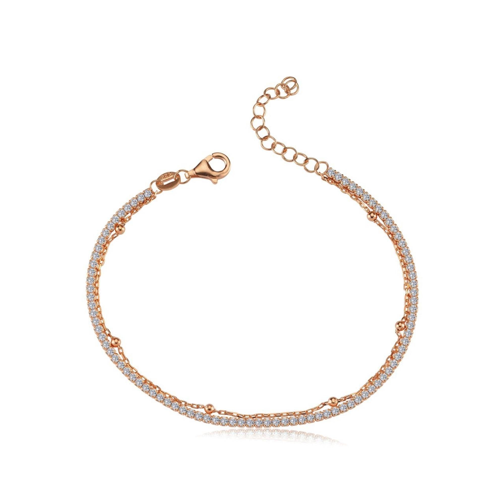 A sparkling double row tennis bracelet featuring cubic zirconia and rose gold over sterling silver, accented with fine chain bead details – perfect for modern elegance.