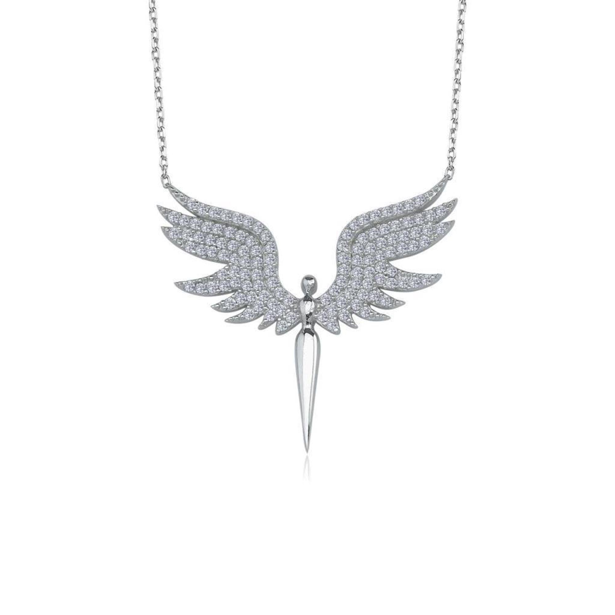 Sterling silver angel wings necklace with pave-set zirconia – a spiritual and elegant jewelry piece for everyday inspiration.