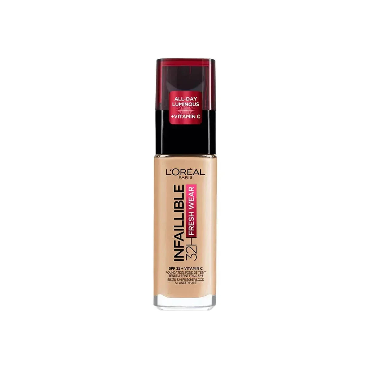 L'Oreal Paris foundation bottle with a pump, labeled 32H Fresh Wear in shade Golden Vanilla.
