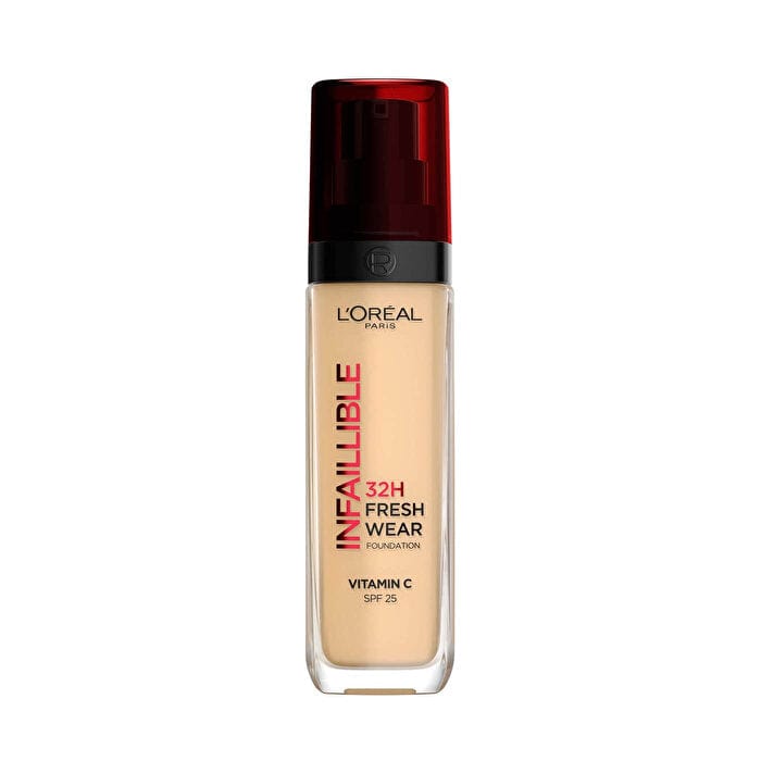A bottle of L'Oreal Paris foundation with a red cap and clear label.