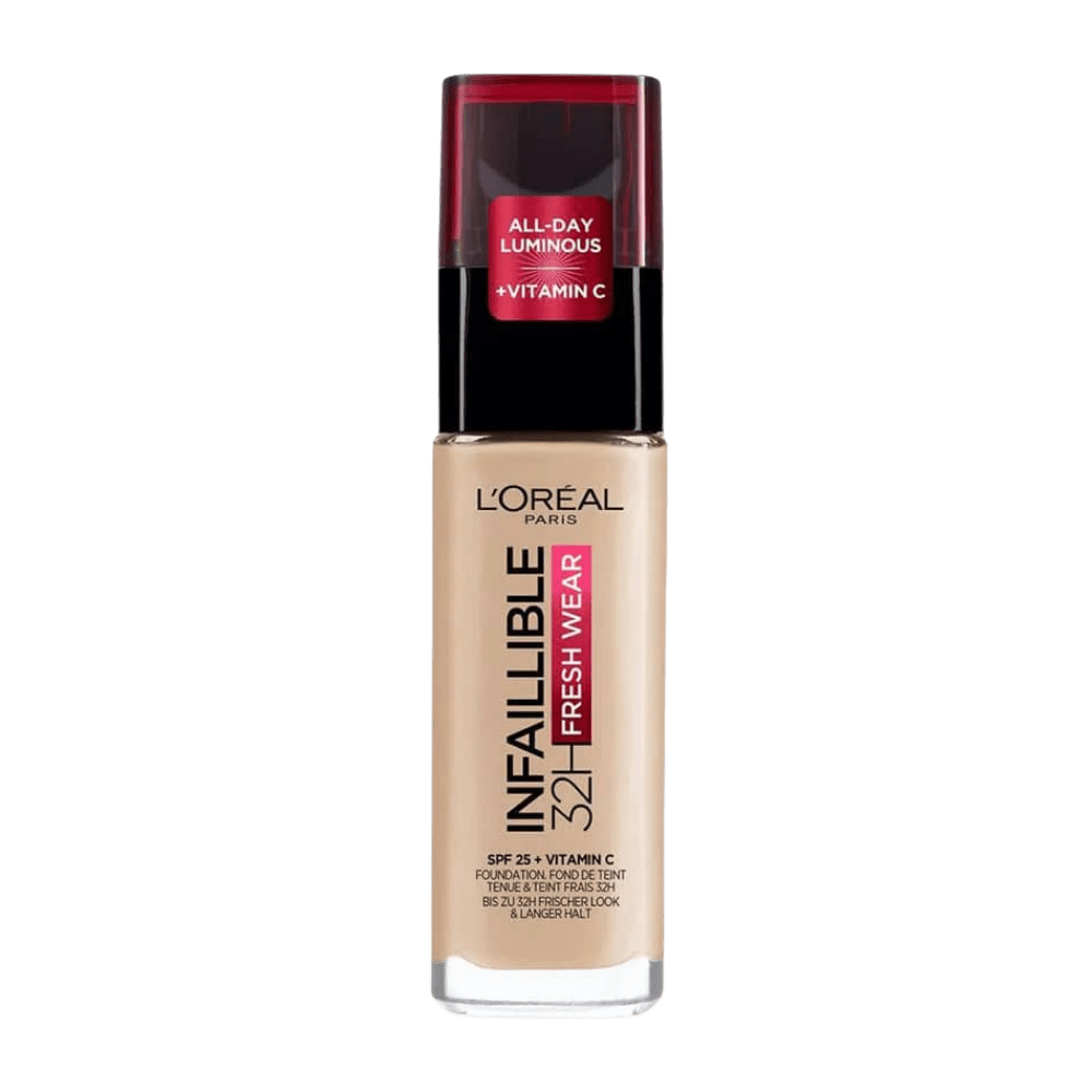 A beige bottle of L'Oreal foundation with a red cap, labeled for 32-hour wear.