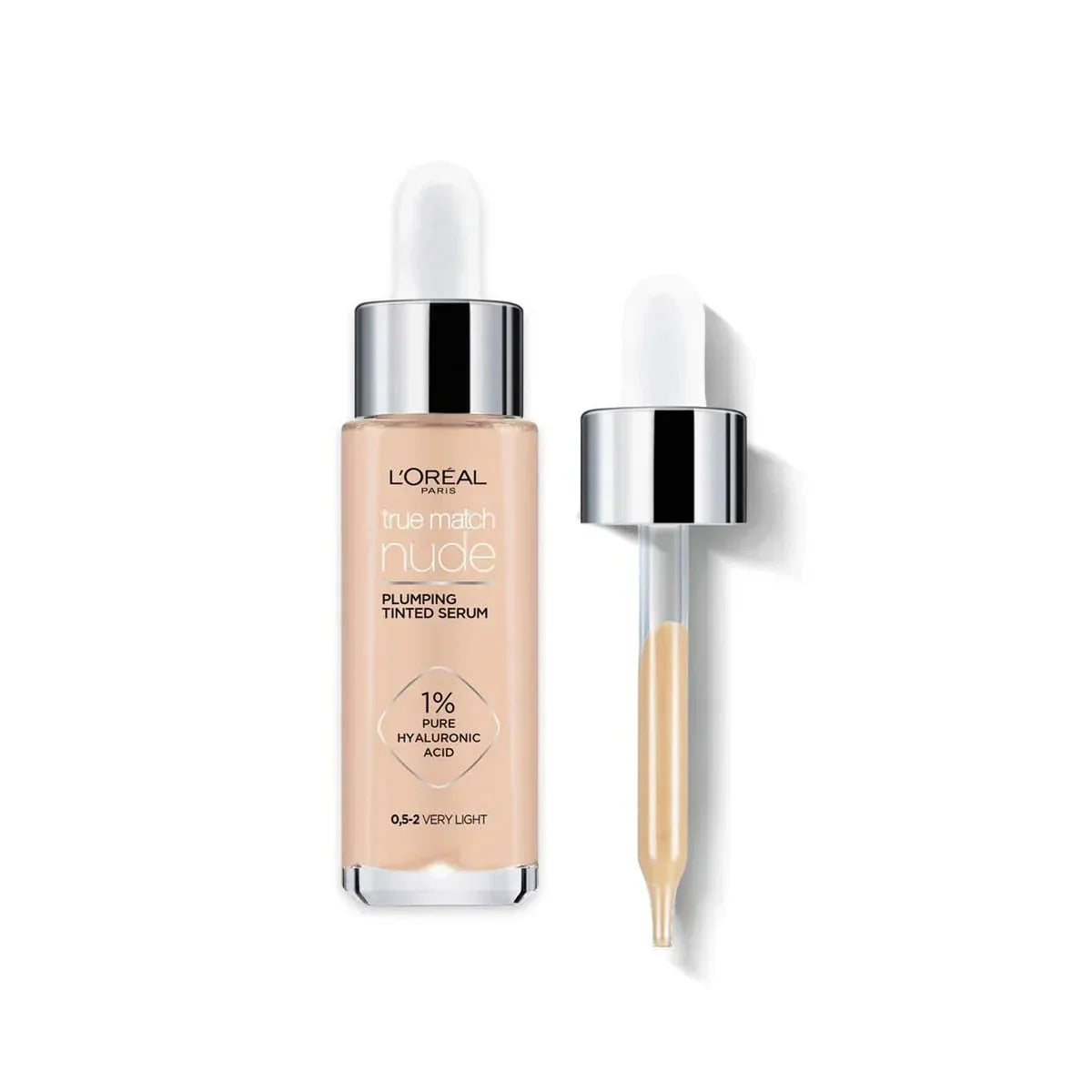 A small, clear bottle of foundation with a dropper lid, labeled 'True Match Nude' for very light skin tones.